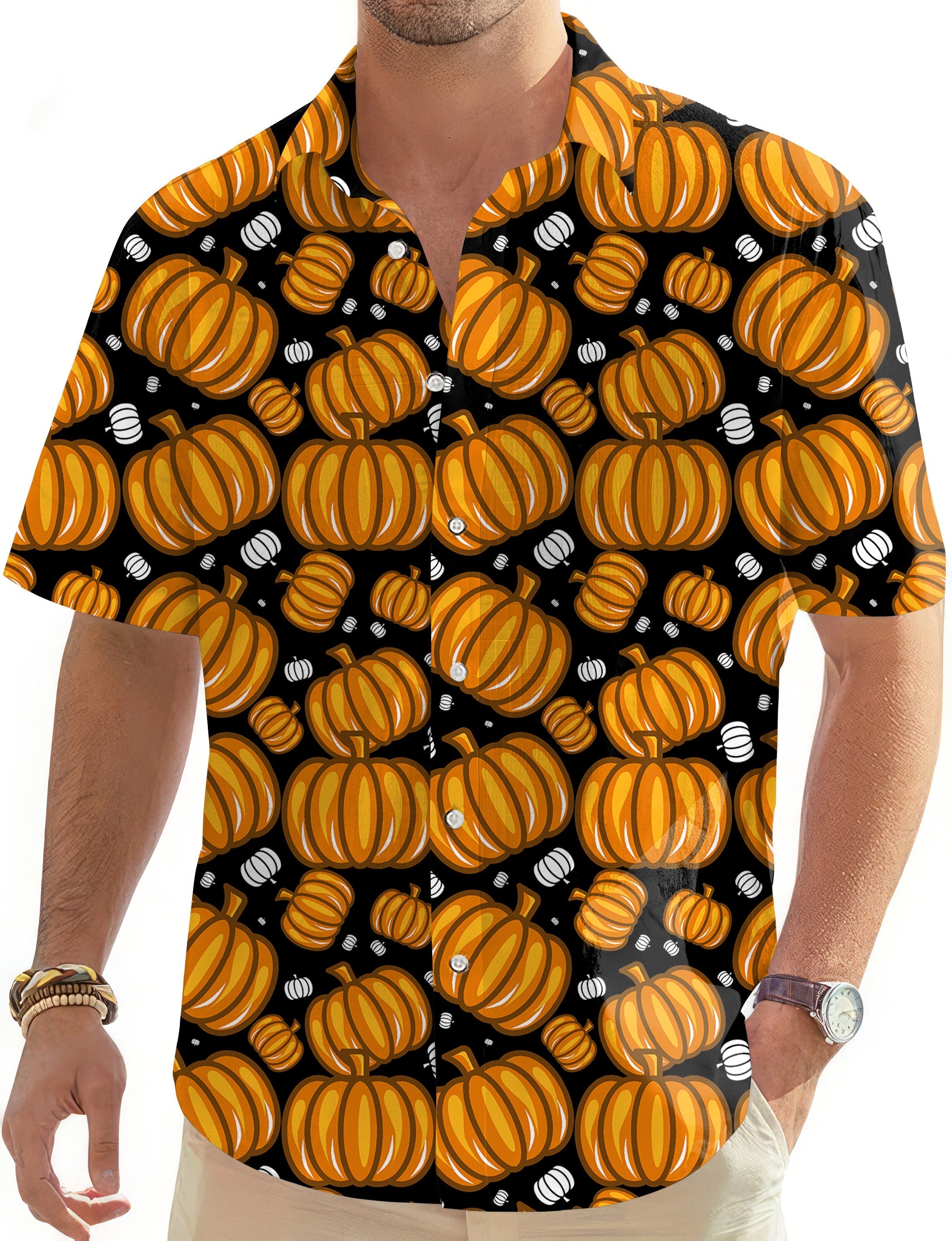 Men's Halloween Pumpkin Family short sleeve button-down Hawaiian shirt with classic collar and vibrant pumpkin print