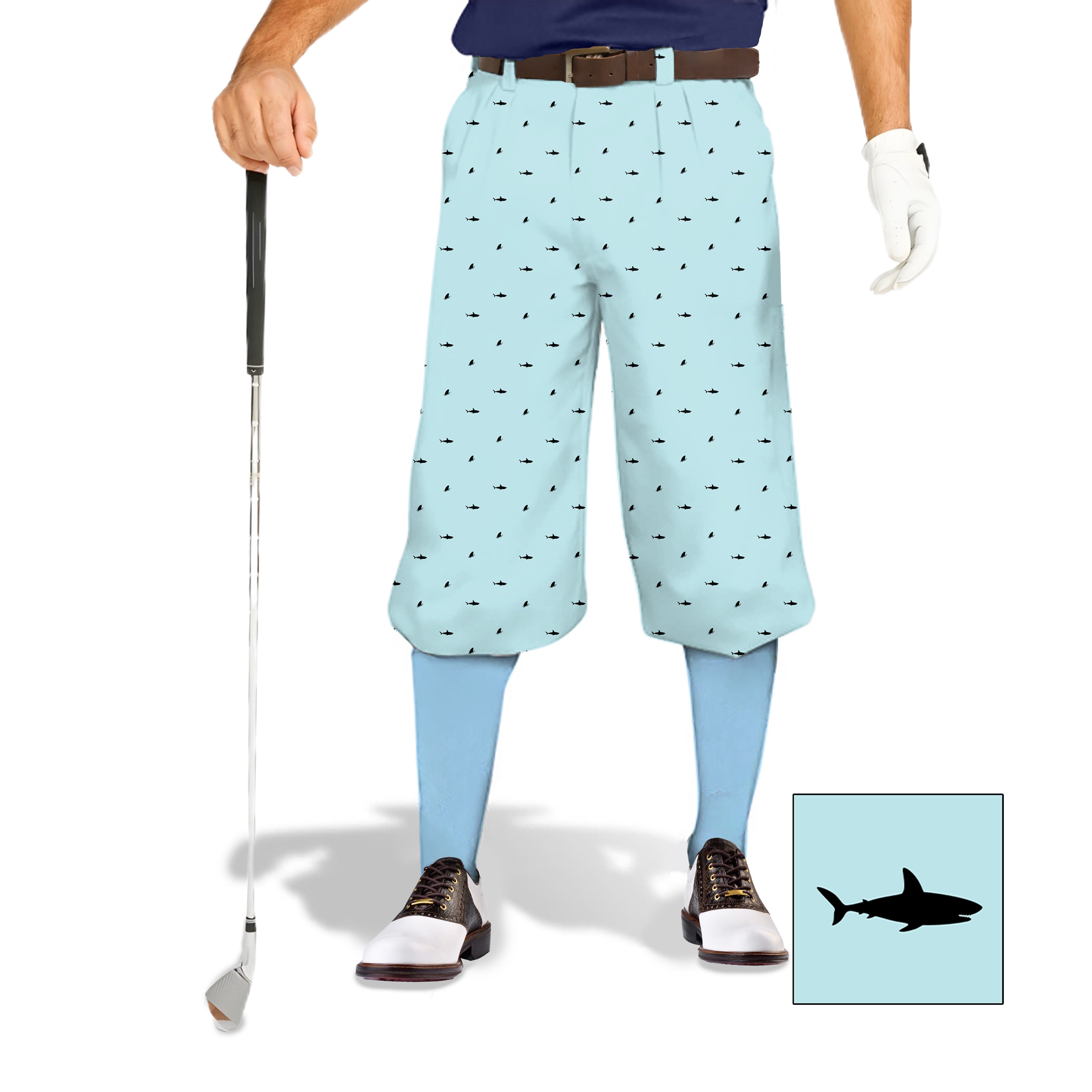 Men's black shark print golf shorts with quick-dry, stretchy fabric for performance and style
