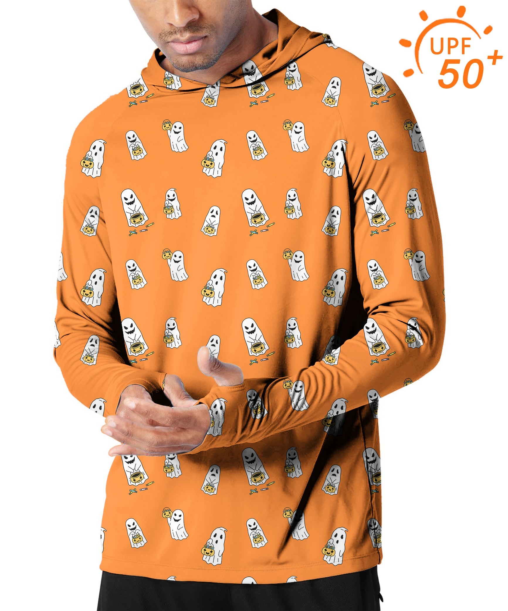 Men's slim fit orange Halloween ghost pumpkin basket hoodie with UPF 50+ sun protection for outdoor activities