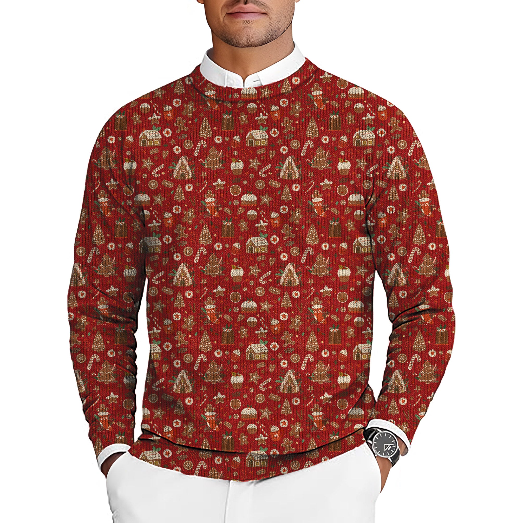 Red Christmas Candy House Men's Golf Crewneck Pullover Sweaters Ugly Sweater