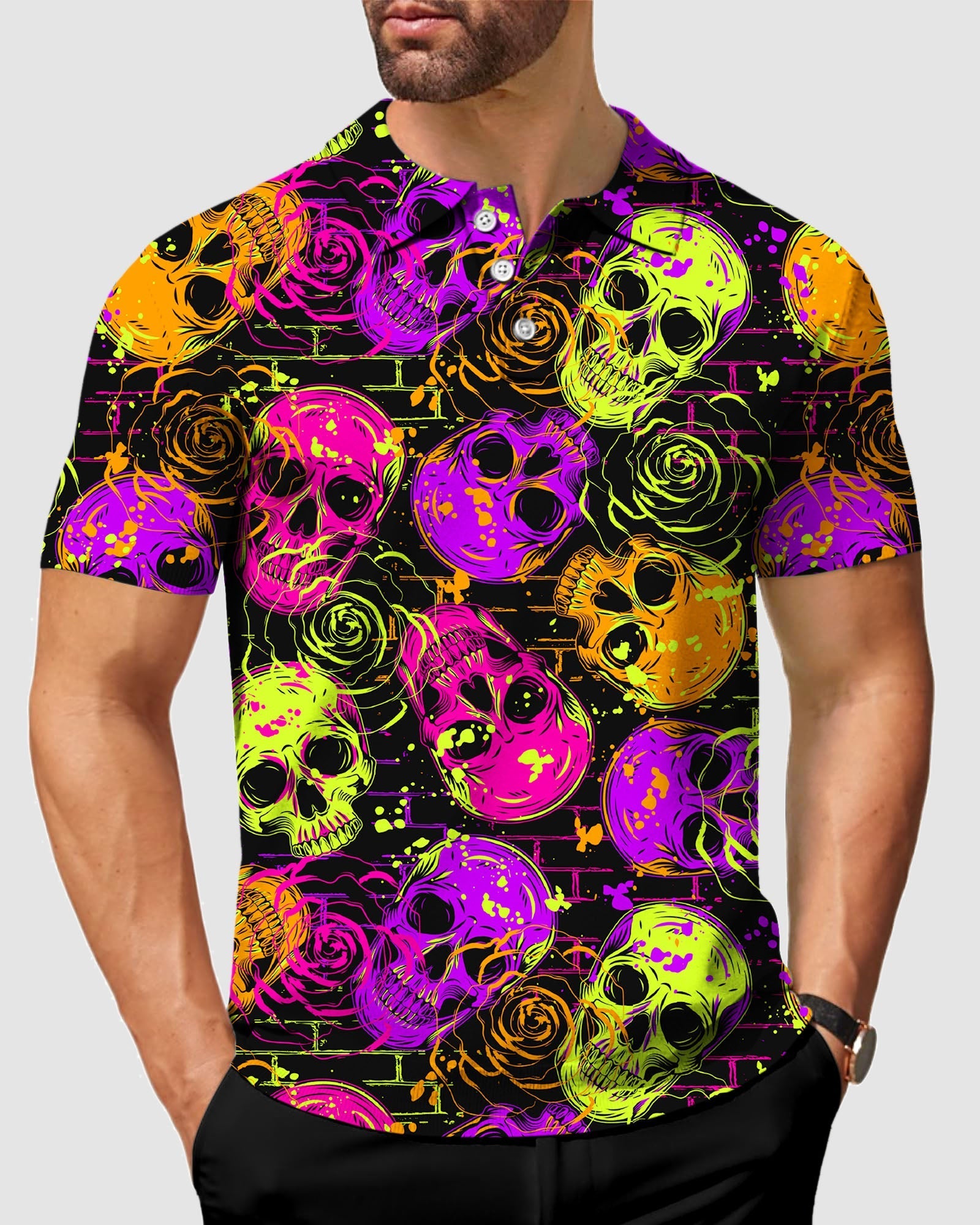 Men's Halloween Colors Skull Polo with vibrant skull and rose design, four-way stretch, moisture-wicking fabric, UPF 40+ protection, wrinkle-resistant and classic fit.