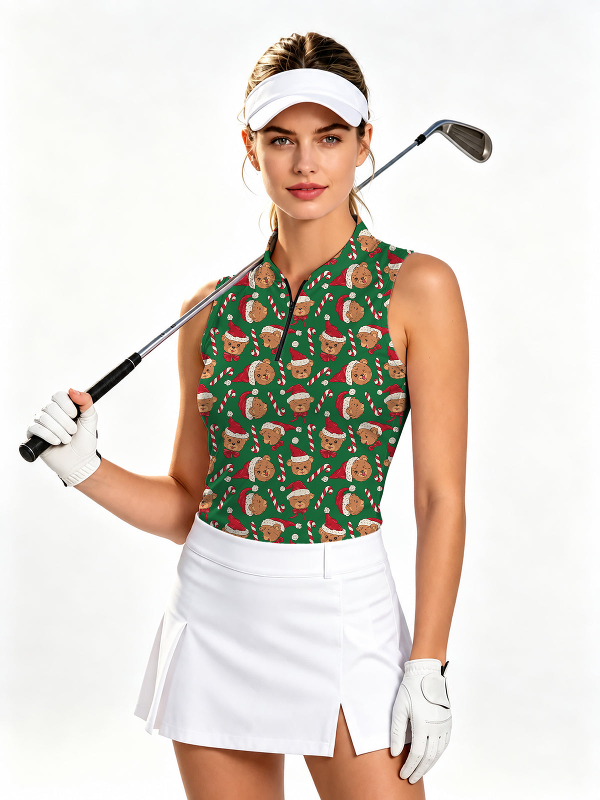 Green Christmas Teddy Bear Women's Golf Long Sleeve Zipper Dresses Comes with separate matching shorts