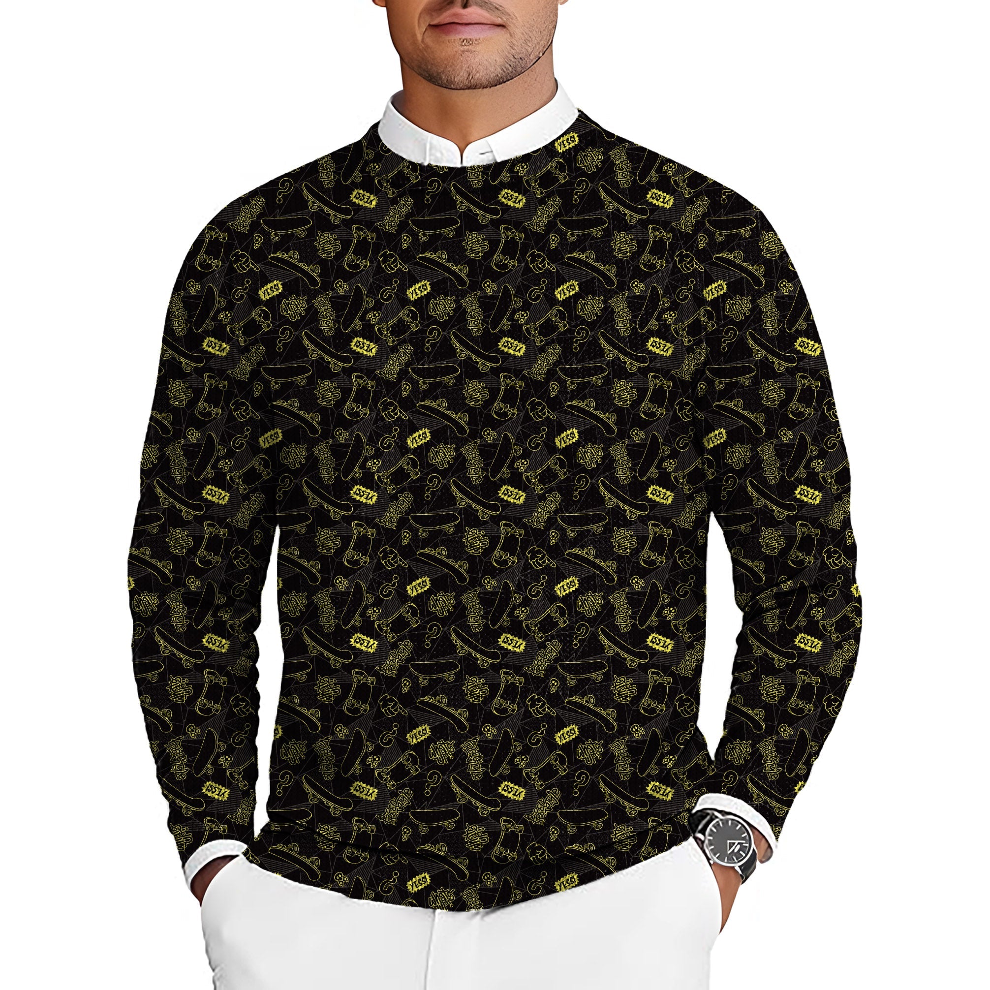 Yessi Men's Golf Crewneck pullover sweater with black and yellow golf-themed pattern