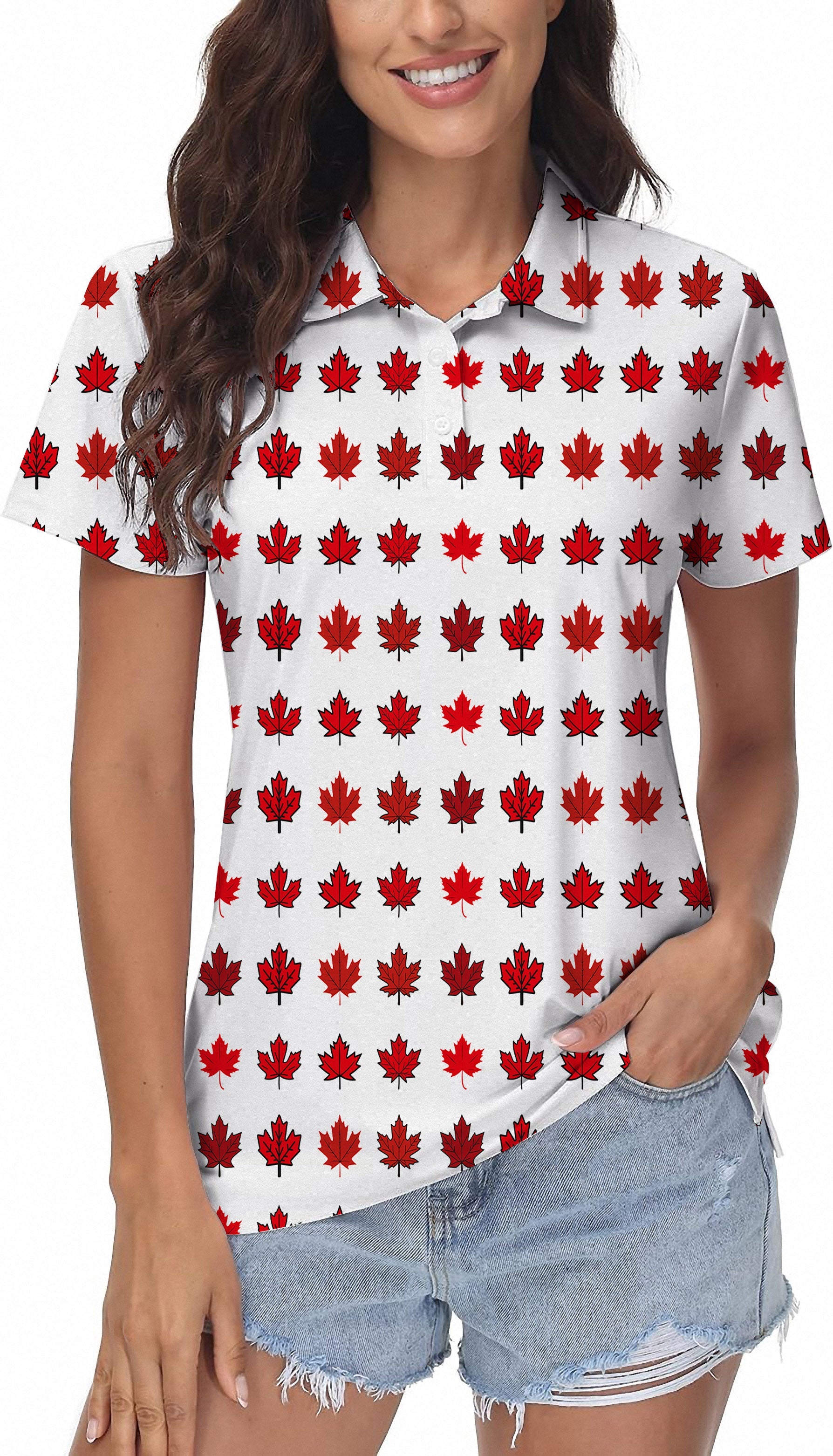 Women's golf polo shirt with Canada red maple leaf pattern, moisture-wicking, stretch fabric, UPF 40+, wrinkle resistant, classic fit.