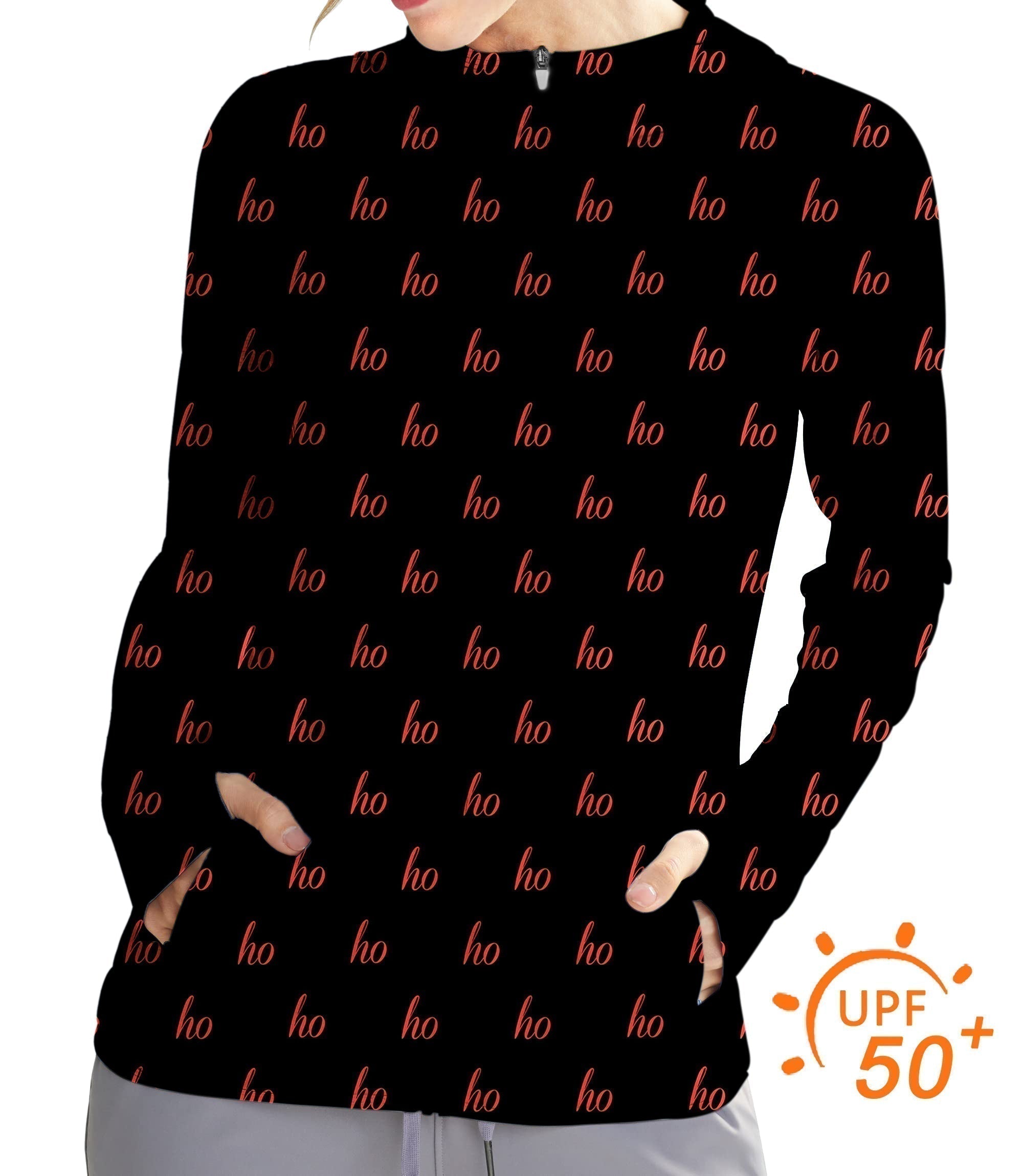 Women's outdoor black slim fit zip hoodie with sun protection and custom Christmas name design