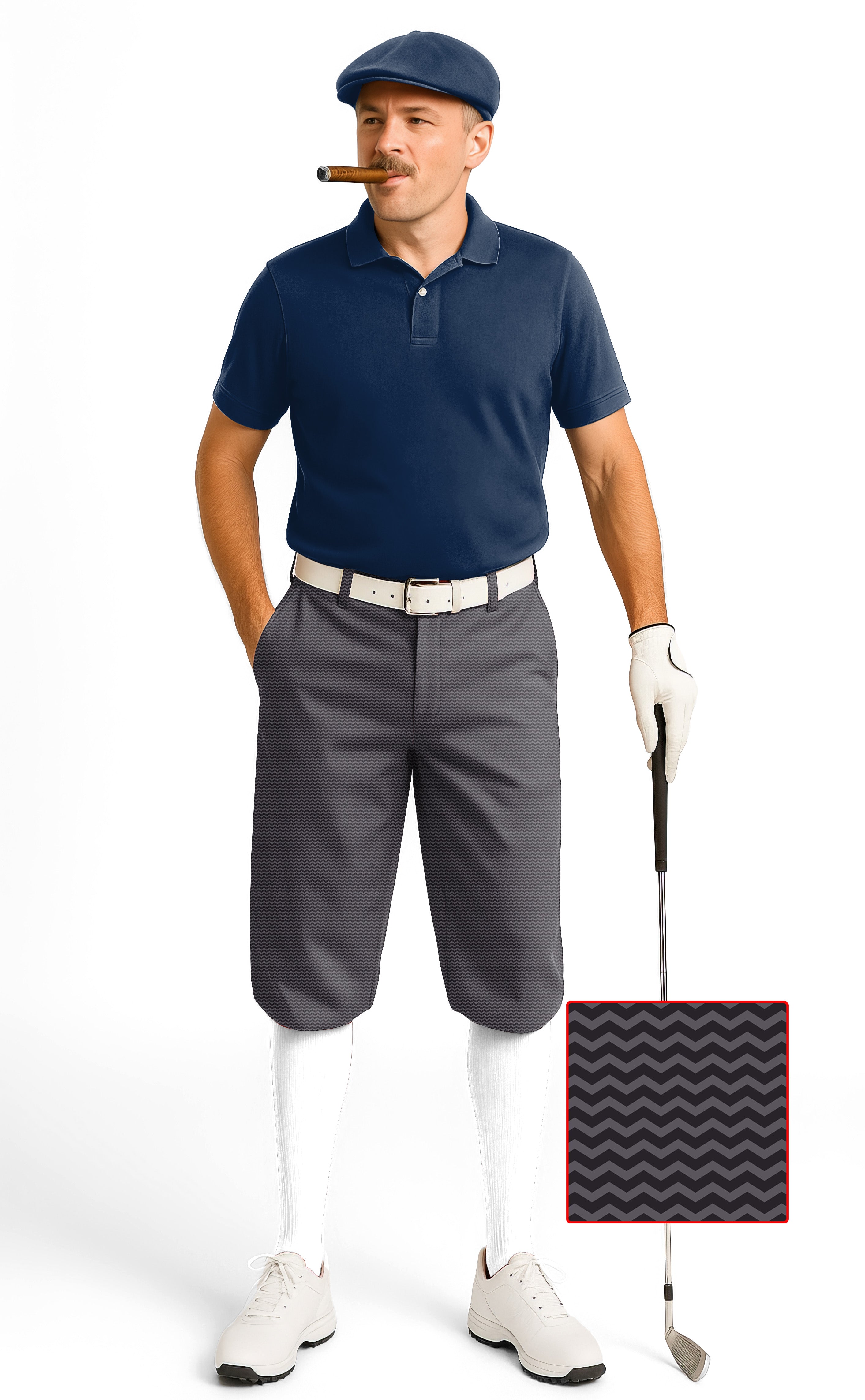 Man wearing Brown Waves Men's Golf Knickers with snug ankle cuffs and breathable fabric holding golf club