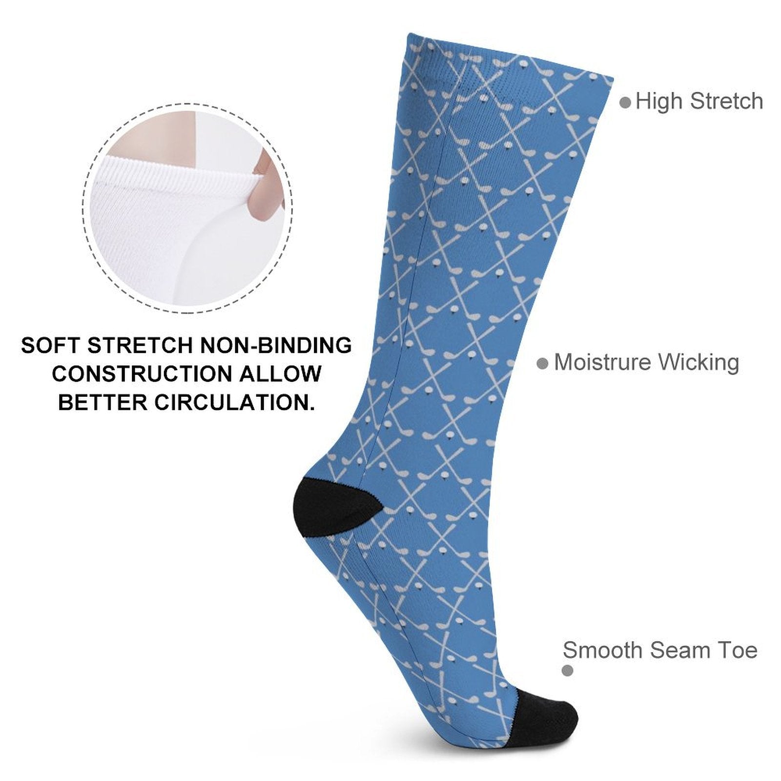 Blue golf club print crew socks with soft stretch, moisture wicking, and smooth seam toe for comfortable wear Tap Prined Sock Gifts