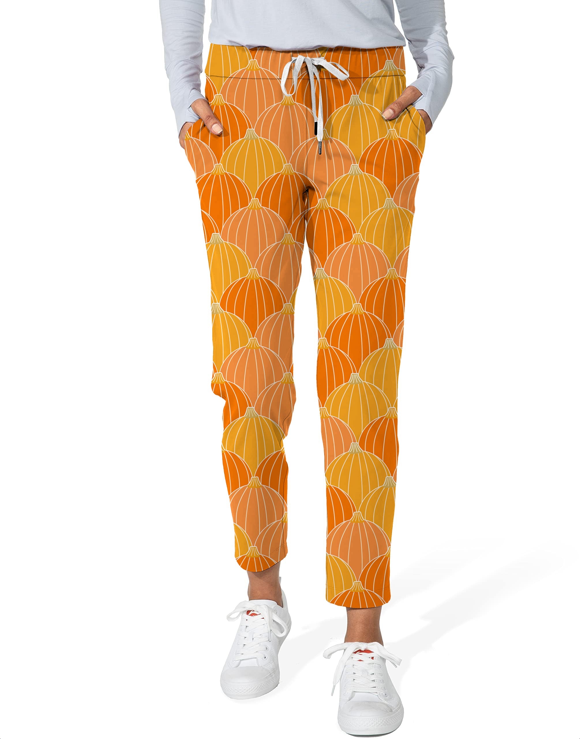 Women's Halloween Thanksgiving Pumpkin Bones stretch ankle golf pants with orange pumpkin pattern