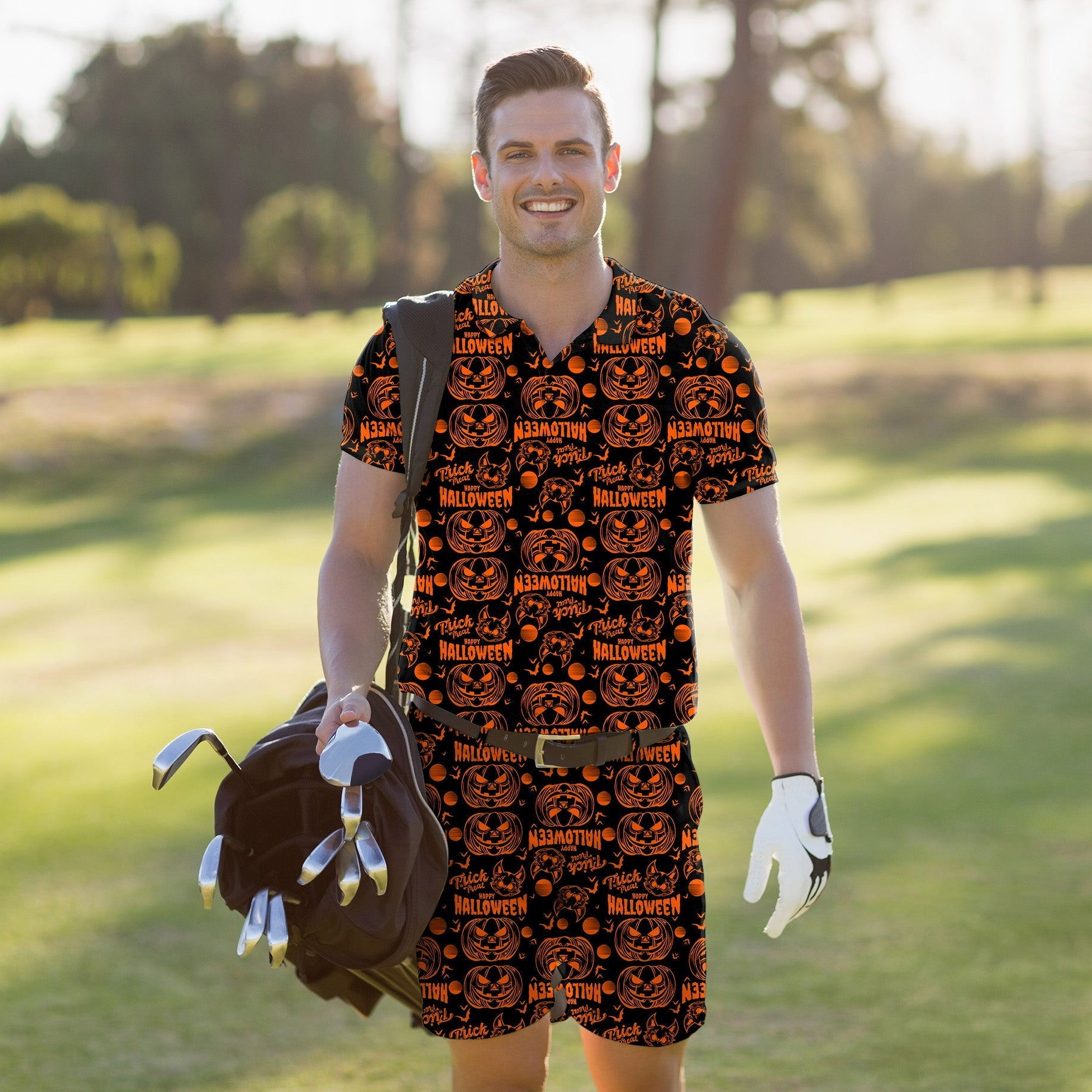 Men's Halloween-themed golf set with pumpkin print polo shirt and shorts, breathable and stretchy golf attire
