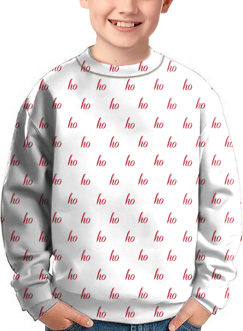 White custom name kids Christmas crewneck pullover with red "ho" print