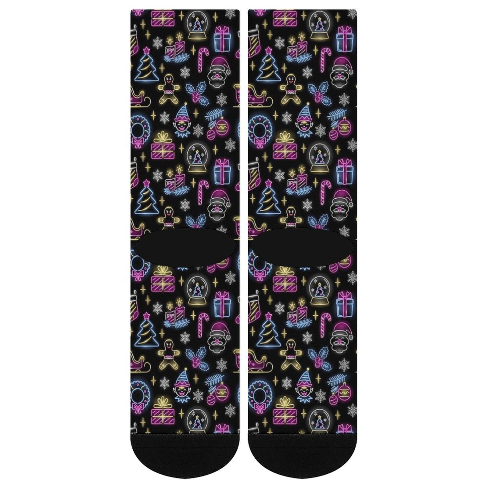 Black crew socks with neon Christmas-themed prints, including gifts, candy canes, and snowflakes, soft polyester blend with cushioned sole, ideal festive gift.
