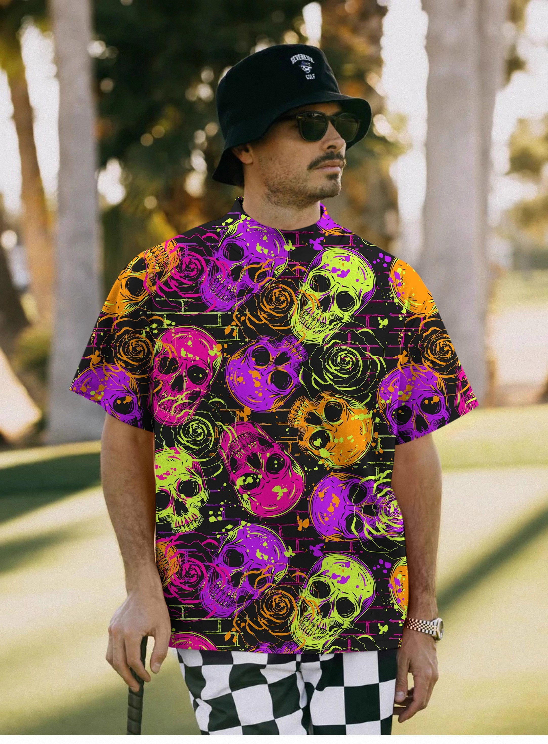 Men's Halloween Colors Skull pullover T-shirt with vibrant skull patterns and high neck design