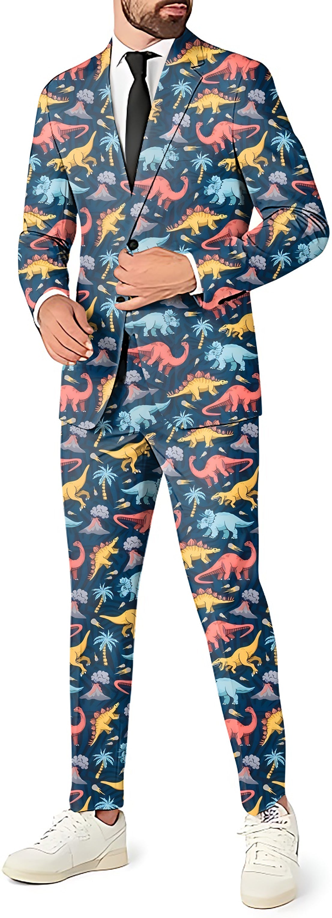 Dinosaur World men's party suit set with blazer, pants, and vest featuring colorful dinosaur print for theme parties