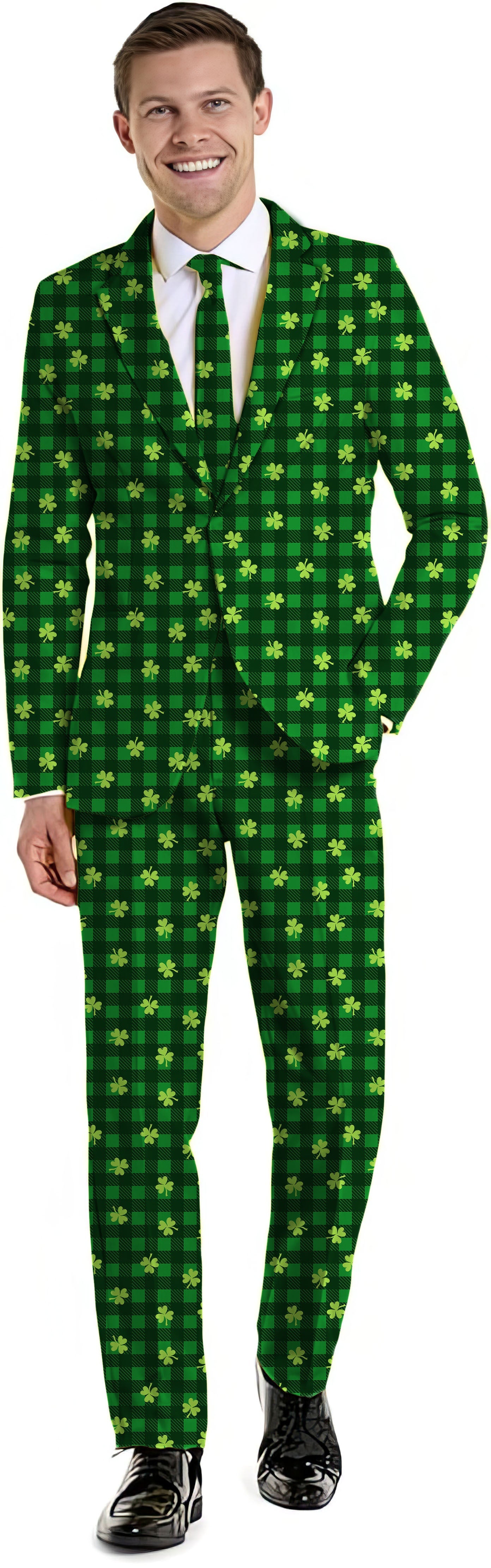 Men's St. Patrick's Day suit with leaf clover pattern blazer, pants, and vest for theme parties