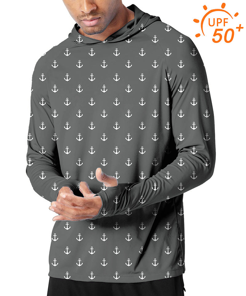 Men's outdoor black anchor print slim fit hoodie with UPF 50+ sun protection and thumb holes