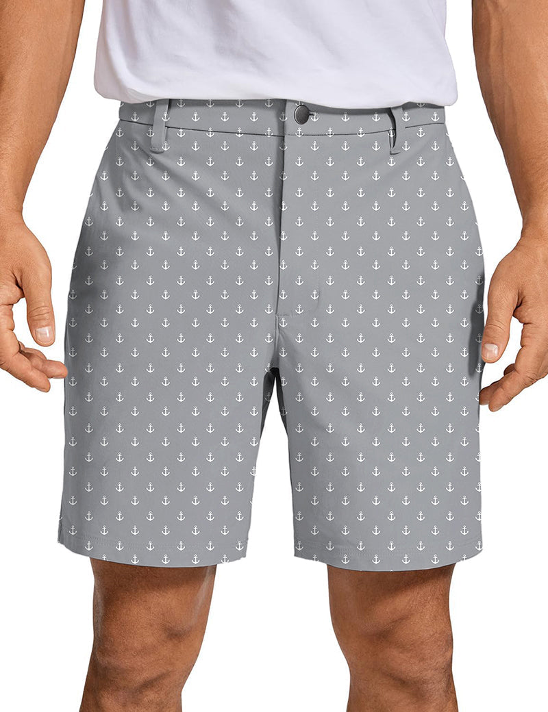 Men's light gray anchor patterned golf shorts with quick-dry, breathable fabric and two-way stretch for comfort and style
