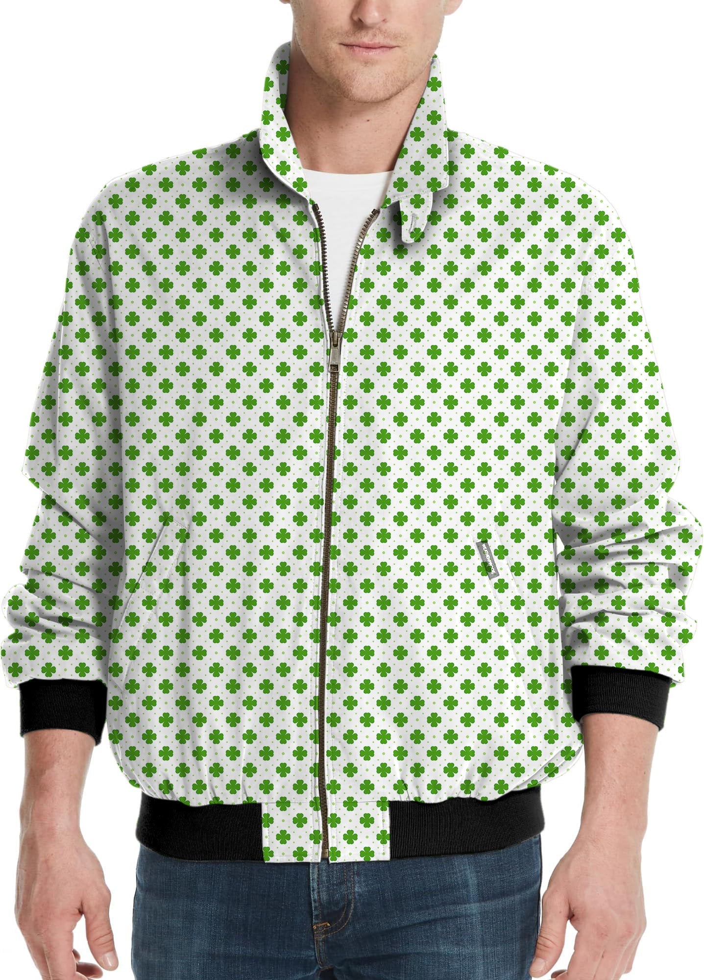Men's golf windbreaker jacket with green leaf clover pattern for St. Patrick's Day