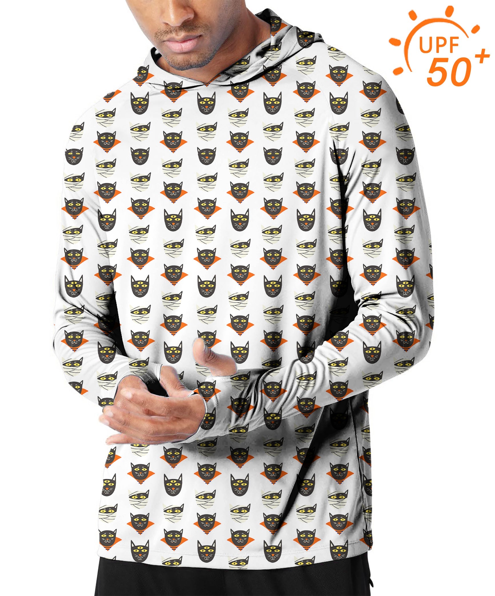 Men's slim fit outdoor hoodie with Halloween mummy cat print, UPF 50+ sun protection, breathable and moisture-wicking fabric for comfort.