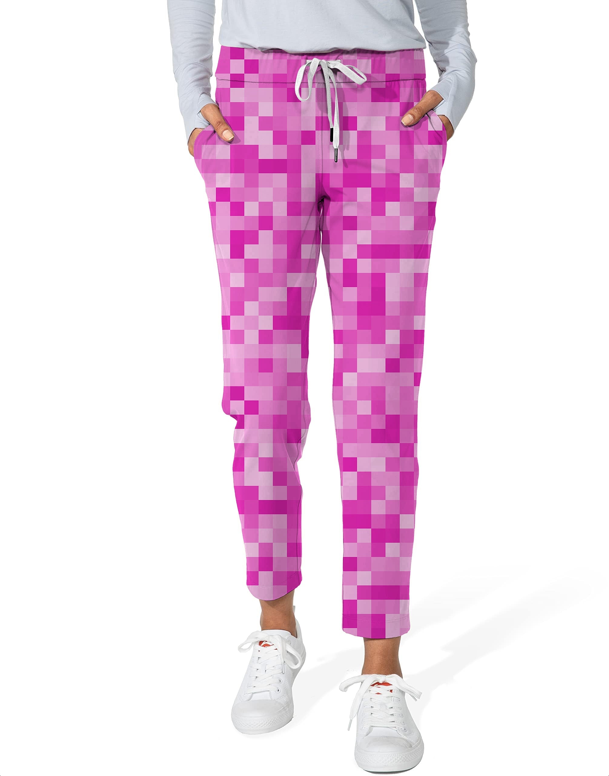 Rose Red Pixel big women's 7/8 stretch ankle golf pants with drawstring waist and pixelated design