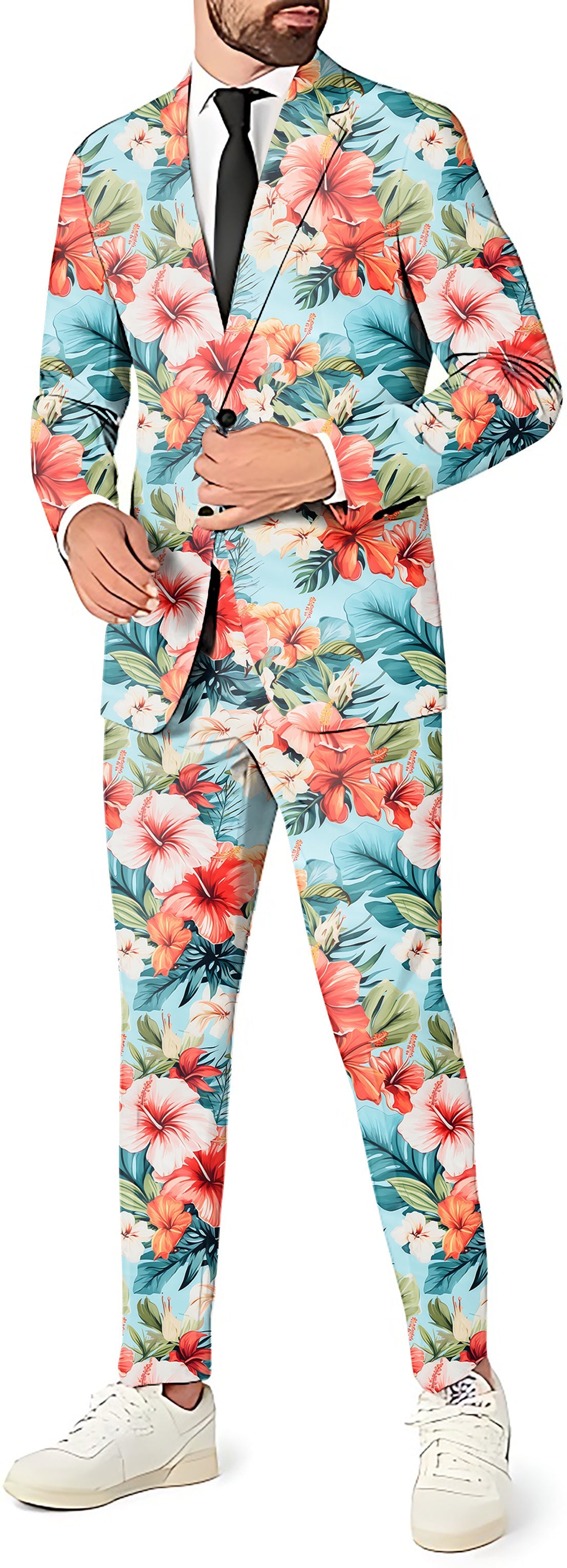 Men's Hawaiian flower print party suit set with blazer, pants, and vest in slim fit style