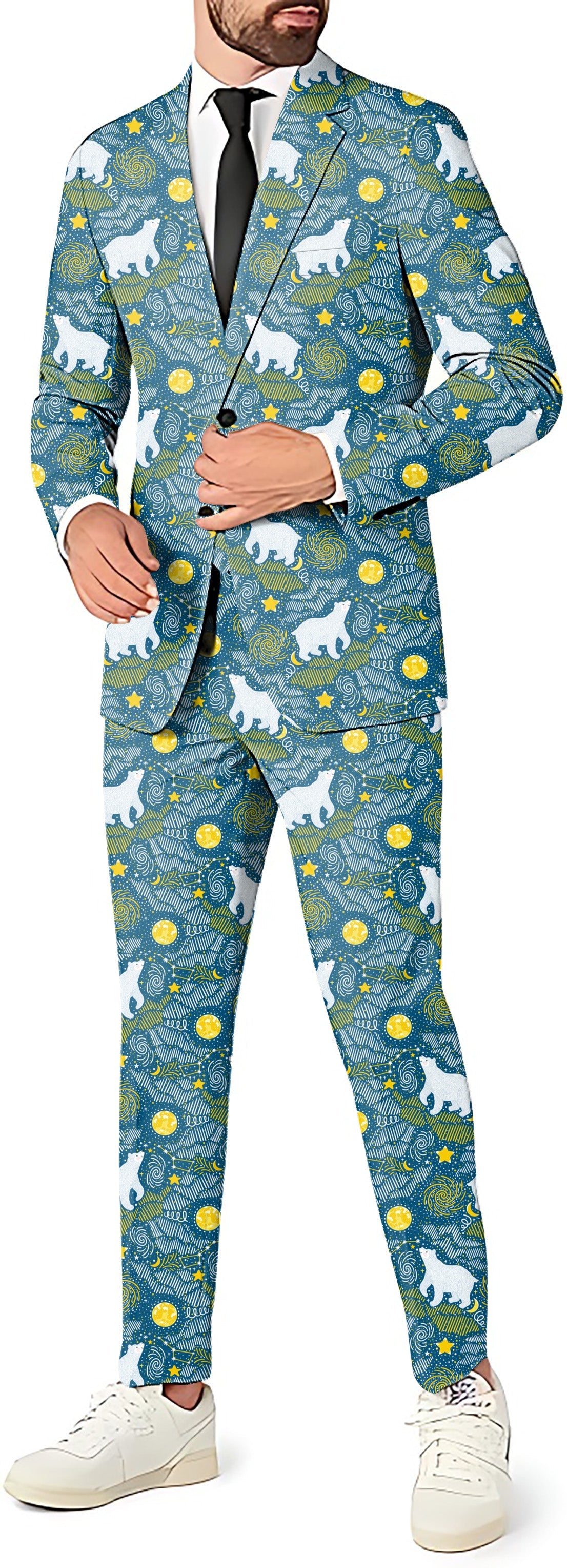Star mountain bear men's party costume suit with blazer, pants, and vest in playful bear and mountain print