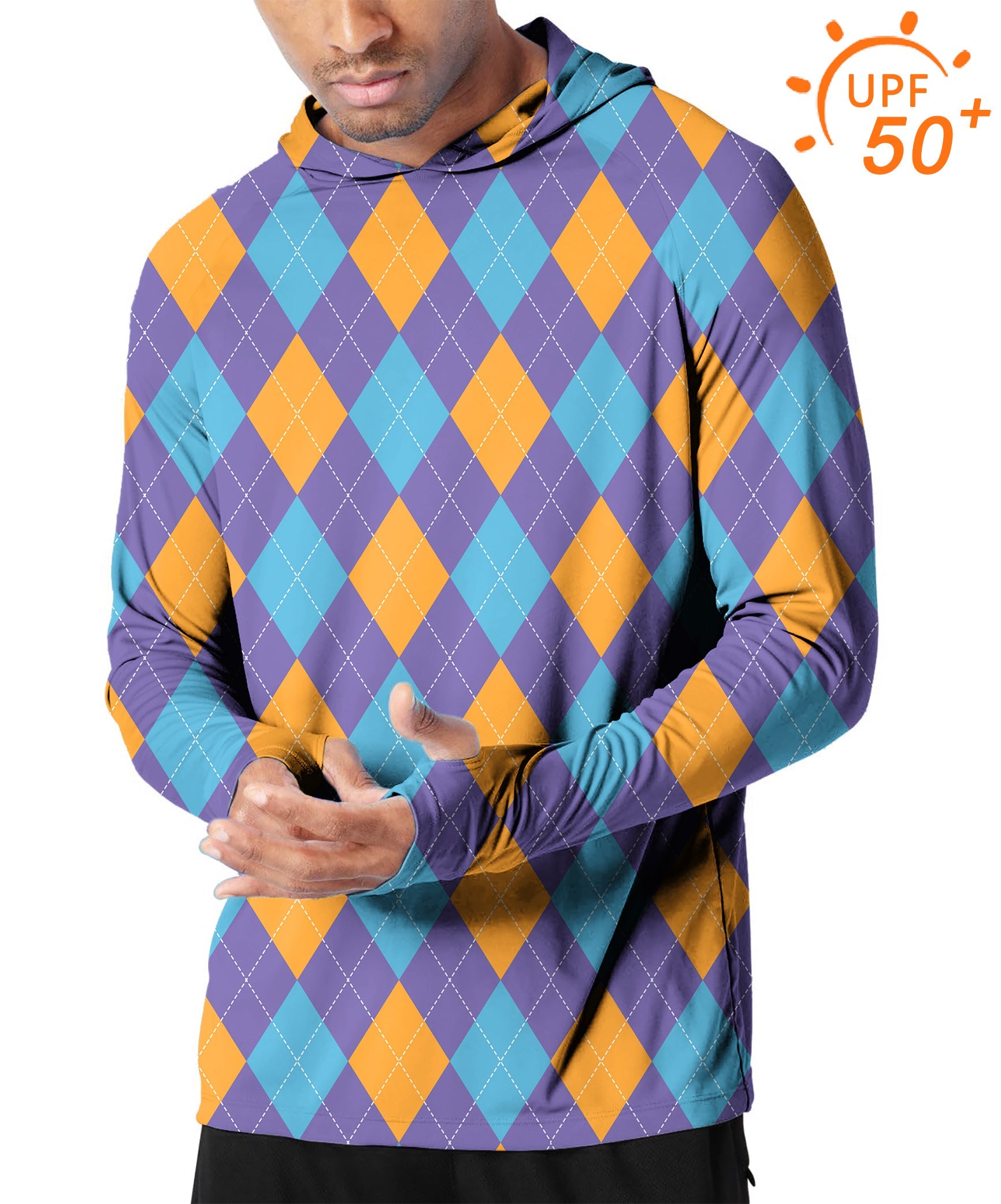 Men's outdoor slim fit hoodie with purple, orange, blue argyle pattern and UPF 50+ sun protection