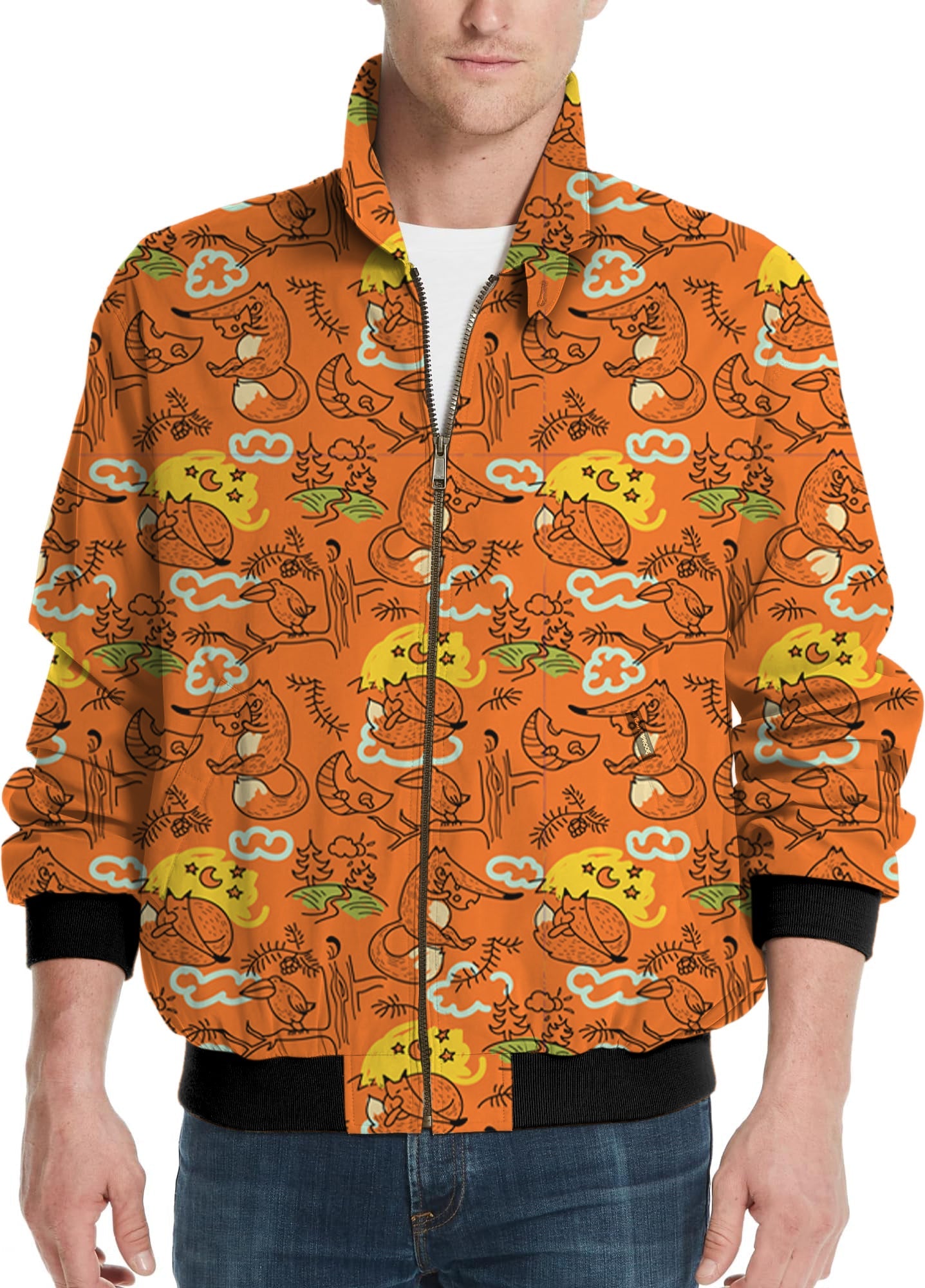 Men's Lazy Fox golf windbreaker jacket with orange fox pattern and black cuffs