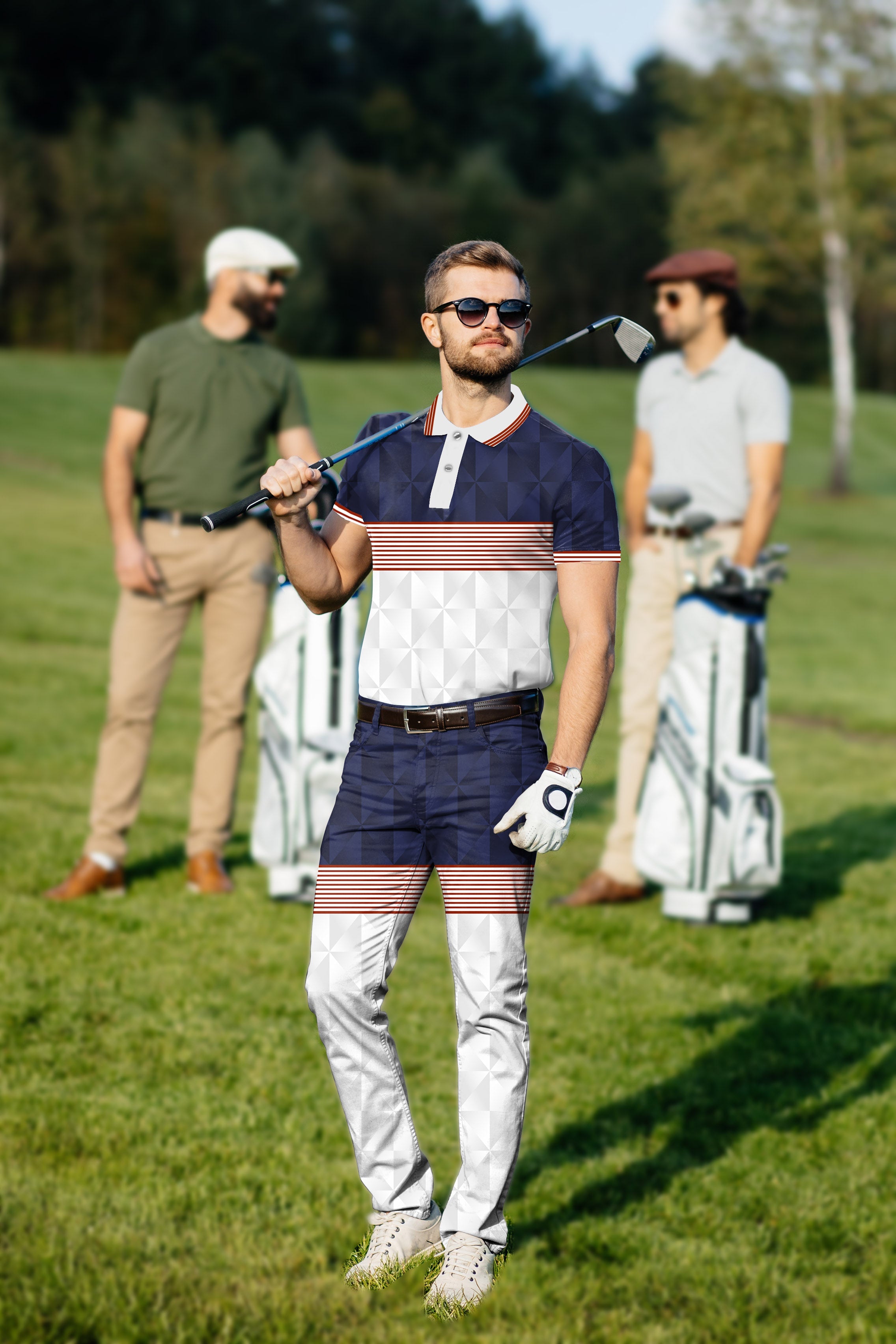 Men's Golf Set with stripe splicing polo and pants, custom sport team uniform, breathable and wrinkle-resistant fabric with UPF 40+ protection