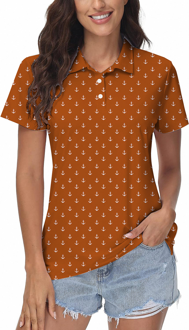 Orange women's golf polo shirt with white anchor print, four-way stretch, moisture-wicking fabric, UPF 40+ protection, wrinkle-resistant, and classic fit.