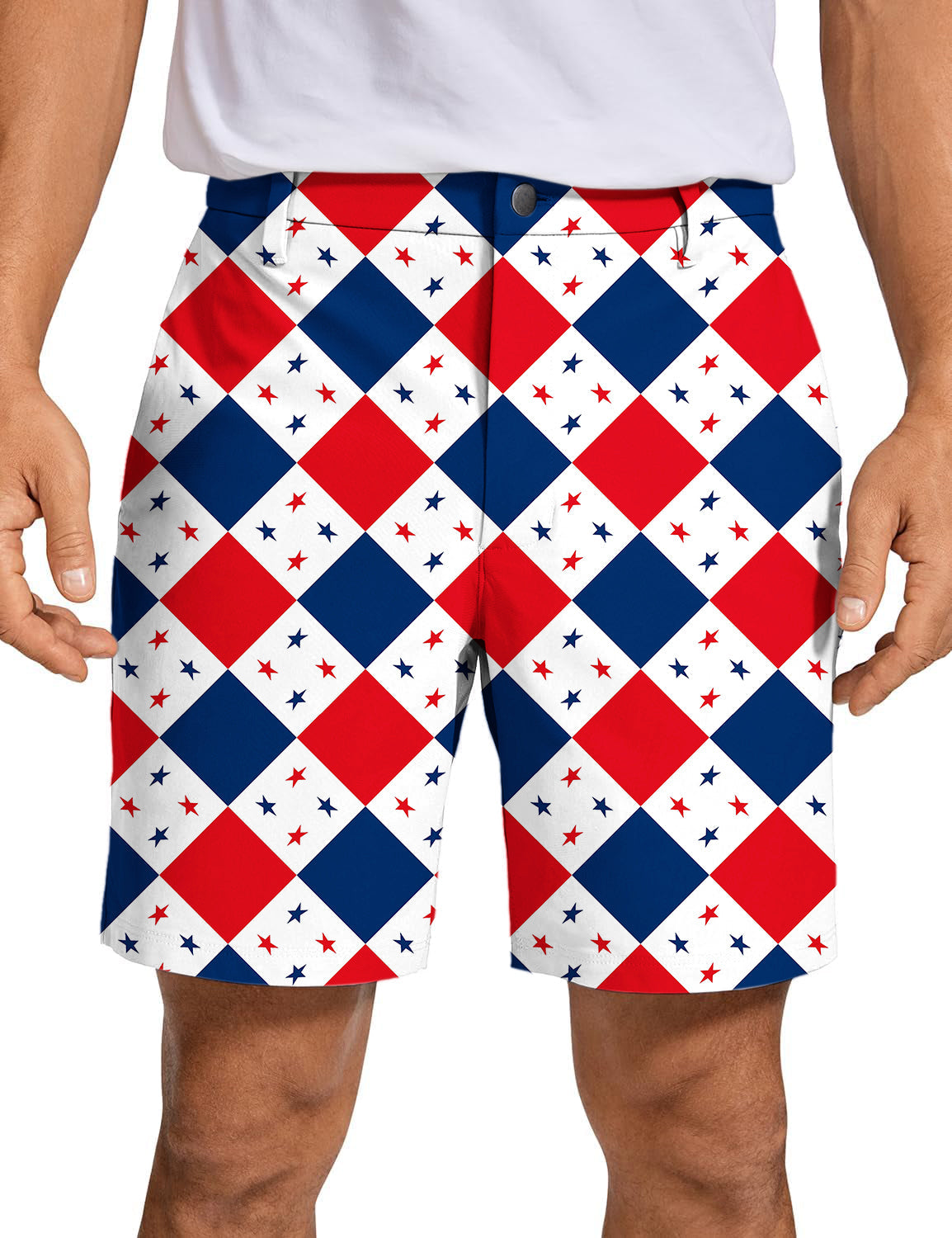 Men's Argyle US Star flag golf shorts with red, white, and blue pattern, quick-dry breathable fabric