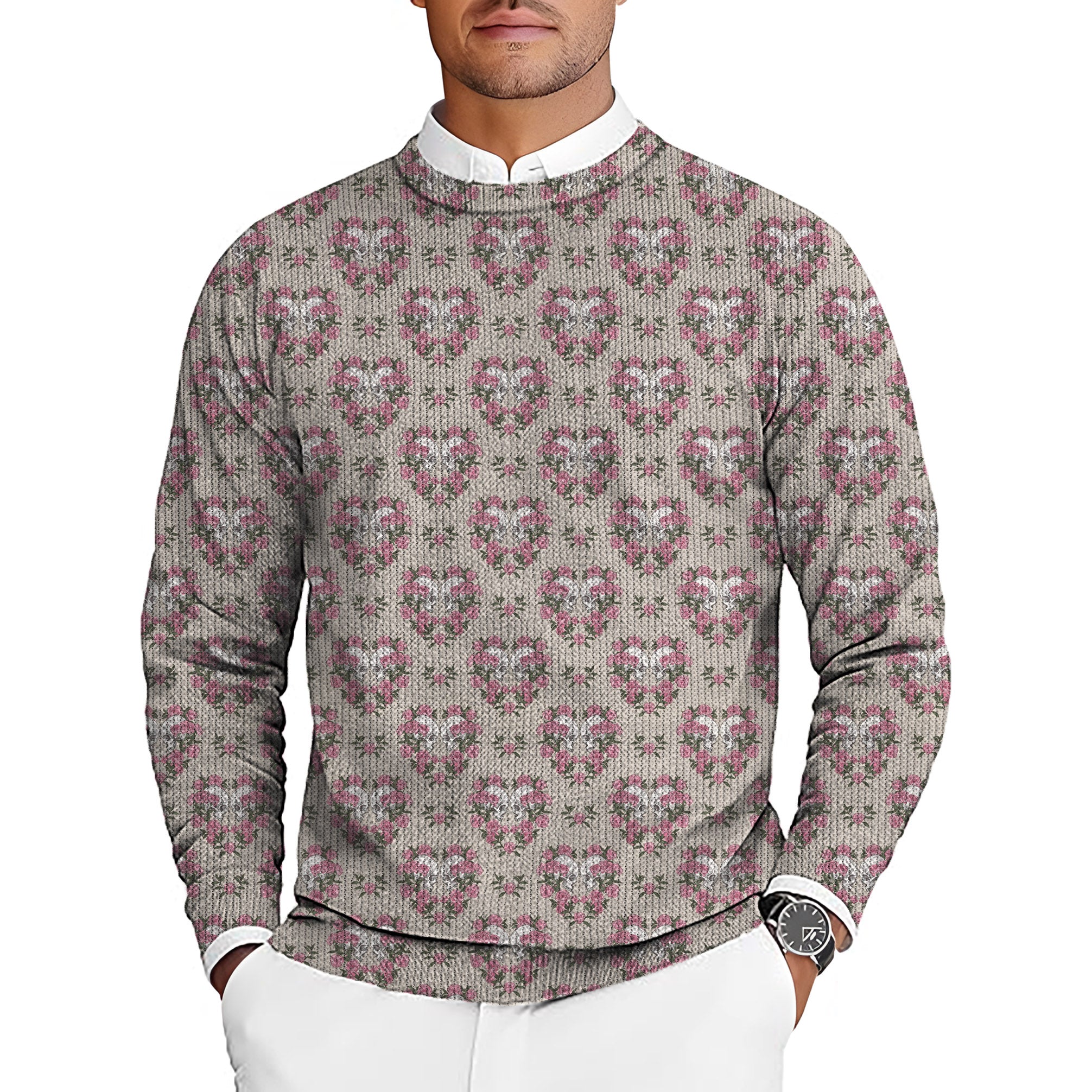 Halloween Skull Rose Men's Golf Crewneck Pullover Sweaters Ugly Sweater