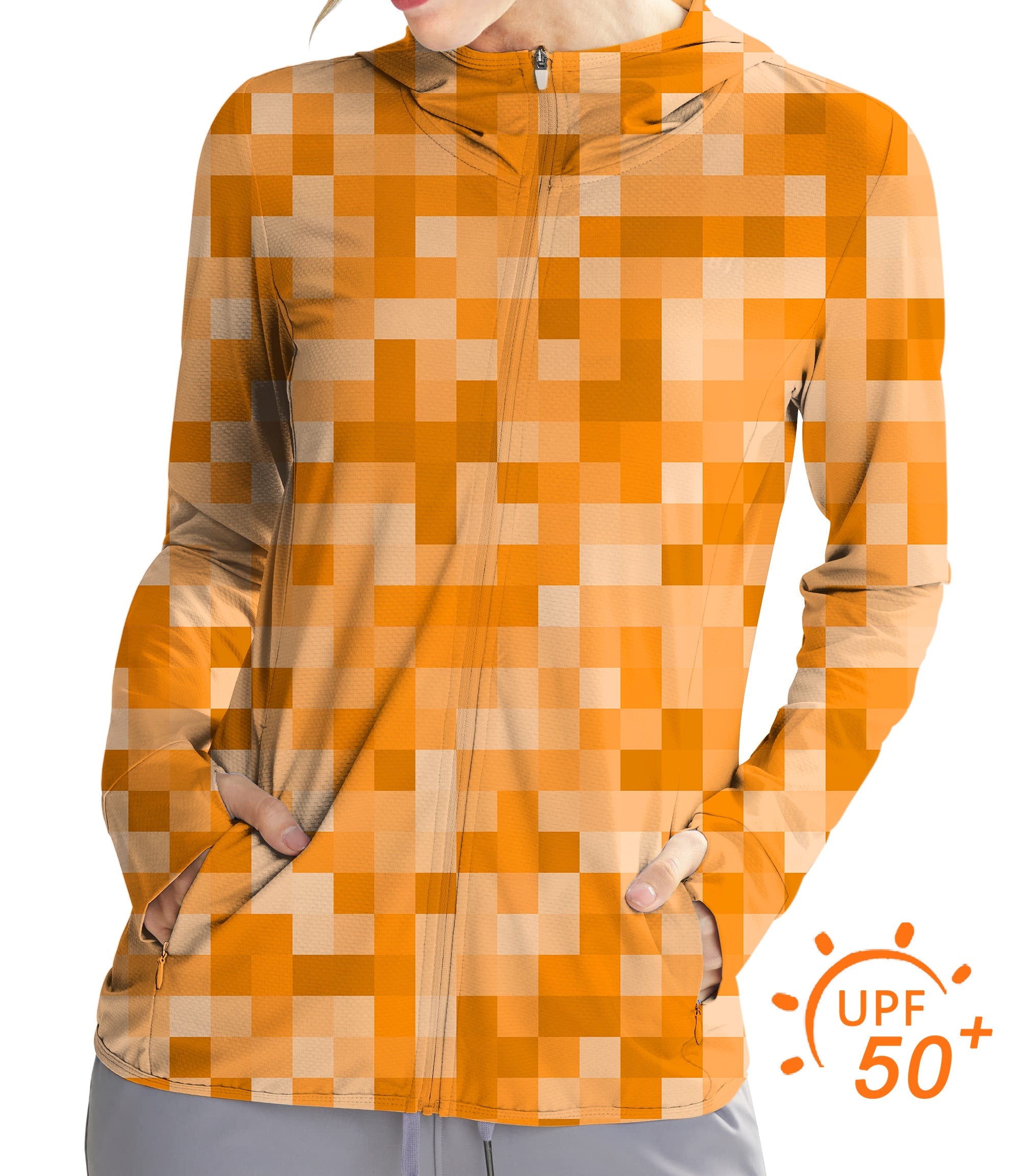 Women's outdoor orange pixel big golf sun protection slim fit zip hoodie with UPF 50+