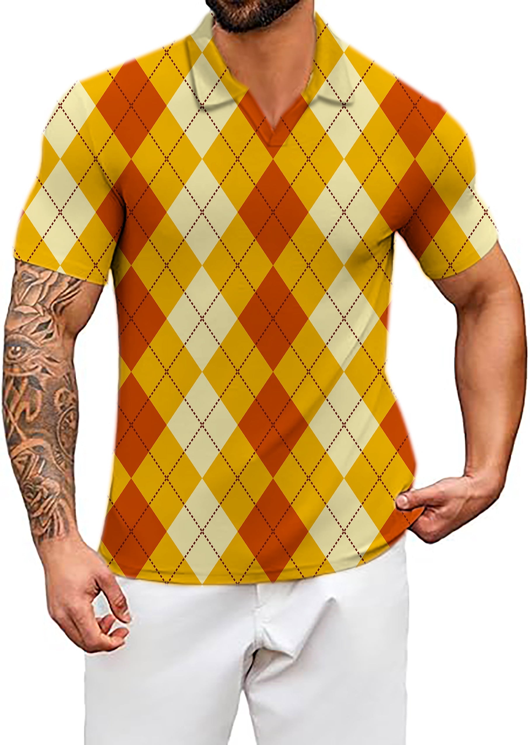 Men's Coconut Palm yellow and red argyle V-neck golf polo shirt with four-way stretch and moisture-wicking fabric