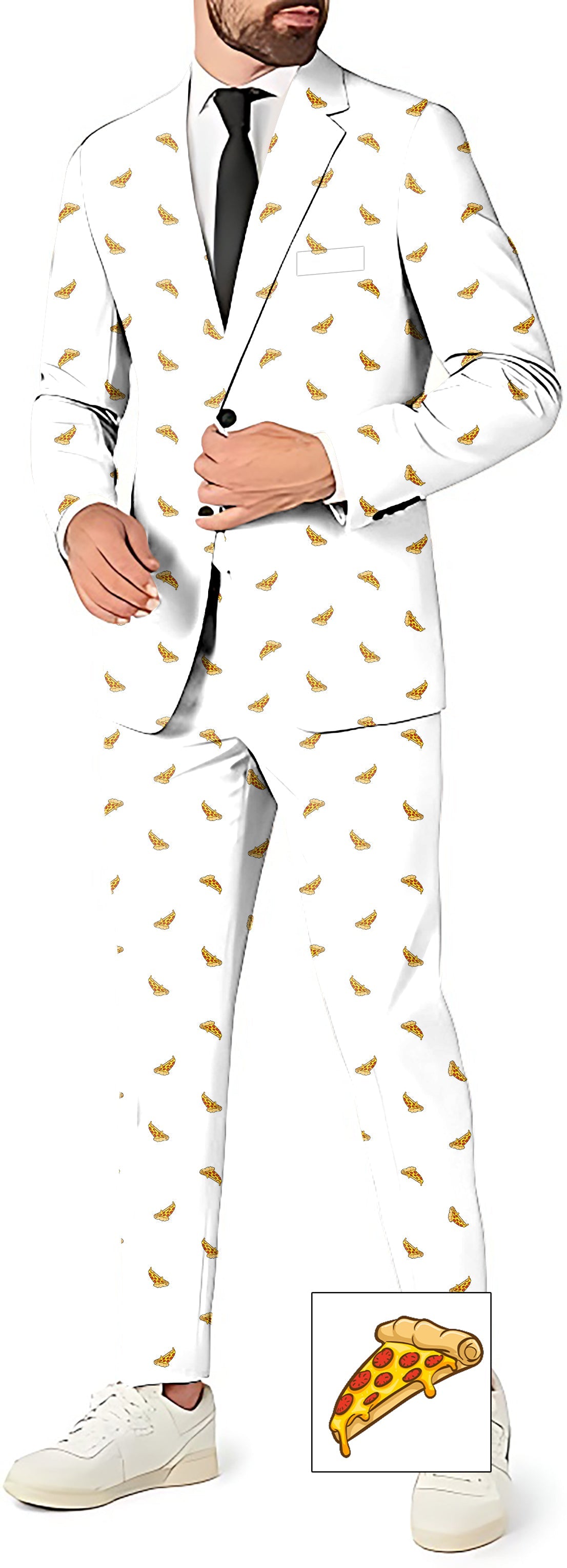 Men's white pizza custom blazer, pants, and vest suit set for themed parties