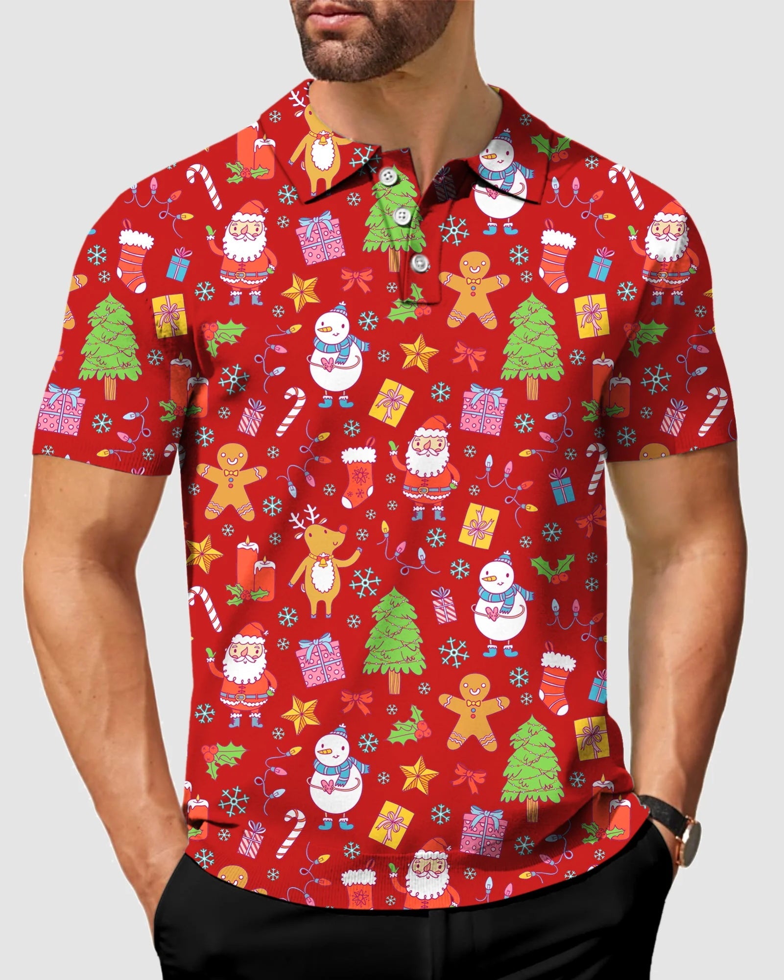 Men's Merry Christmas golf polo with festive holiday icons in red, moisture-wicking fabric, four-way stretch, wrinkle-resistant, UPF 40+ protection, classic fit, and customizable options