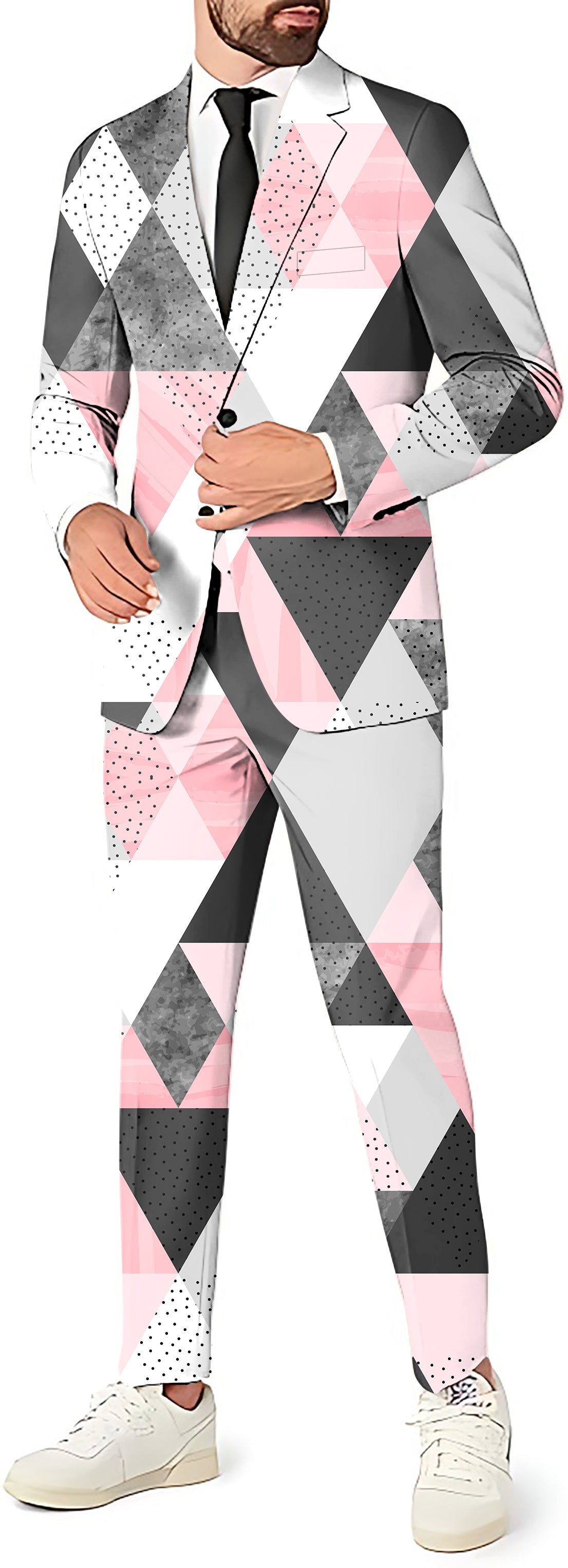On Par men's 3pcs party suit set with geometric blazer, pants, and vest in pink, grey, and white colors