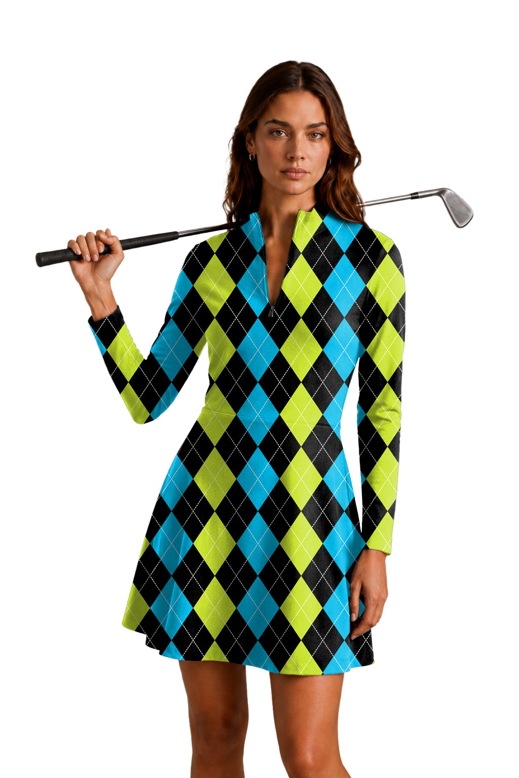 Halloween Black Green Blue Argyle Women's Golf Long Sleeve Zipper Dresses Comes with separate matching shorts