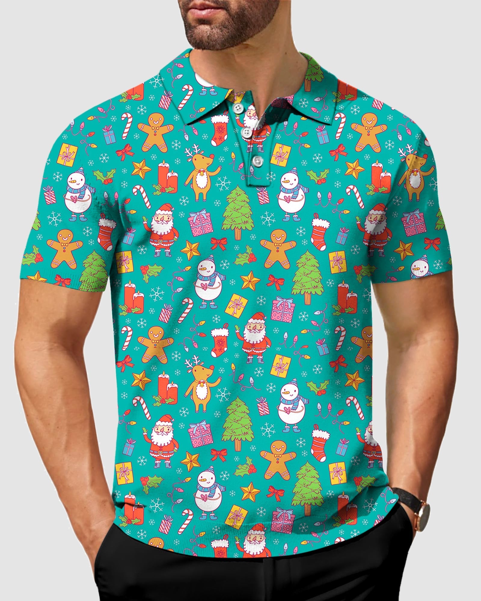 Men's Merry Christmas golf polo with festive holiday icons, high-end moisture-wicking fabric, 4-way stretch, and classic fit