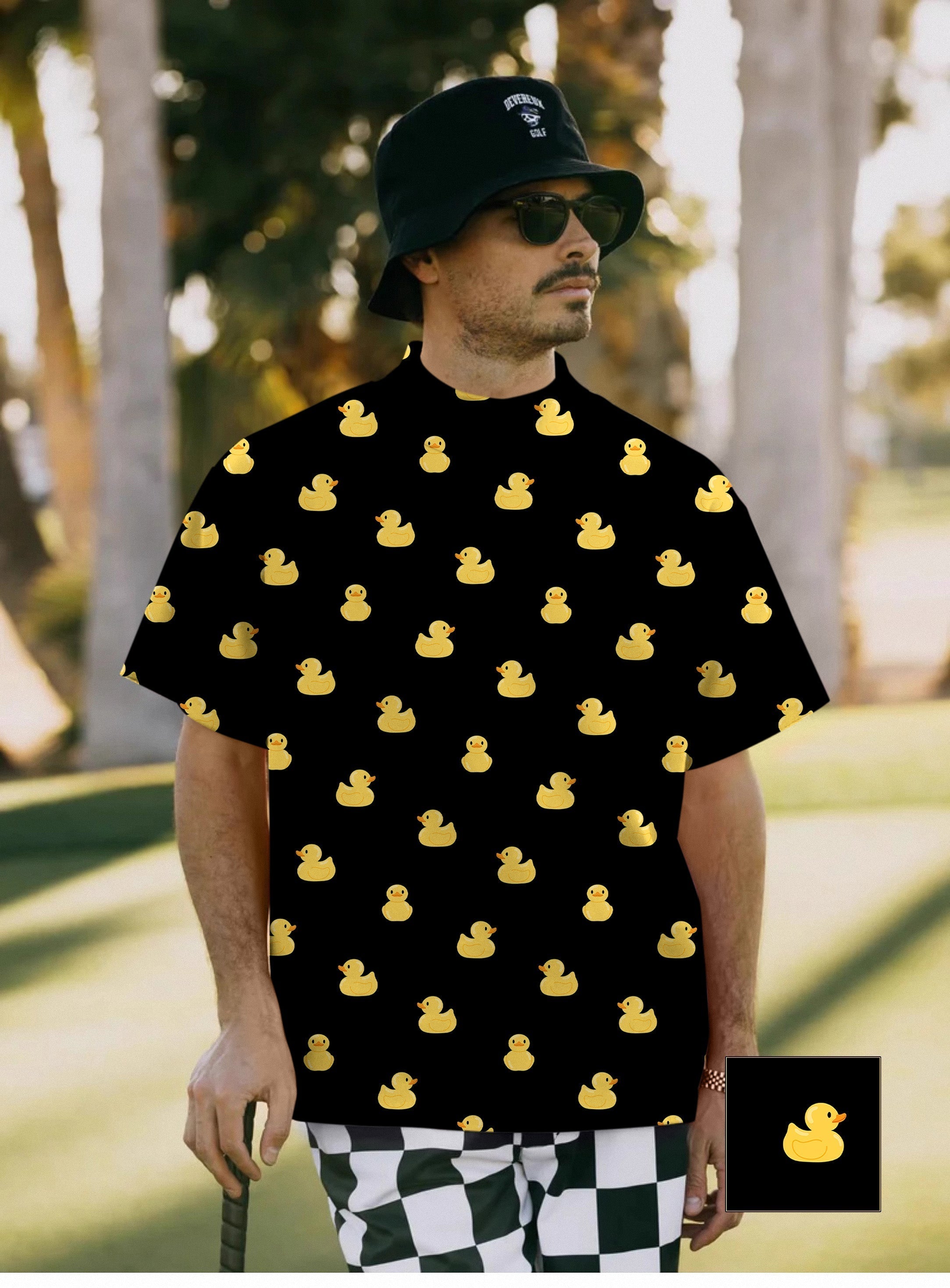 Men's yellow rubber duck pattern high neck pullover T-shirt with custom print