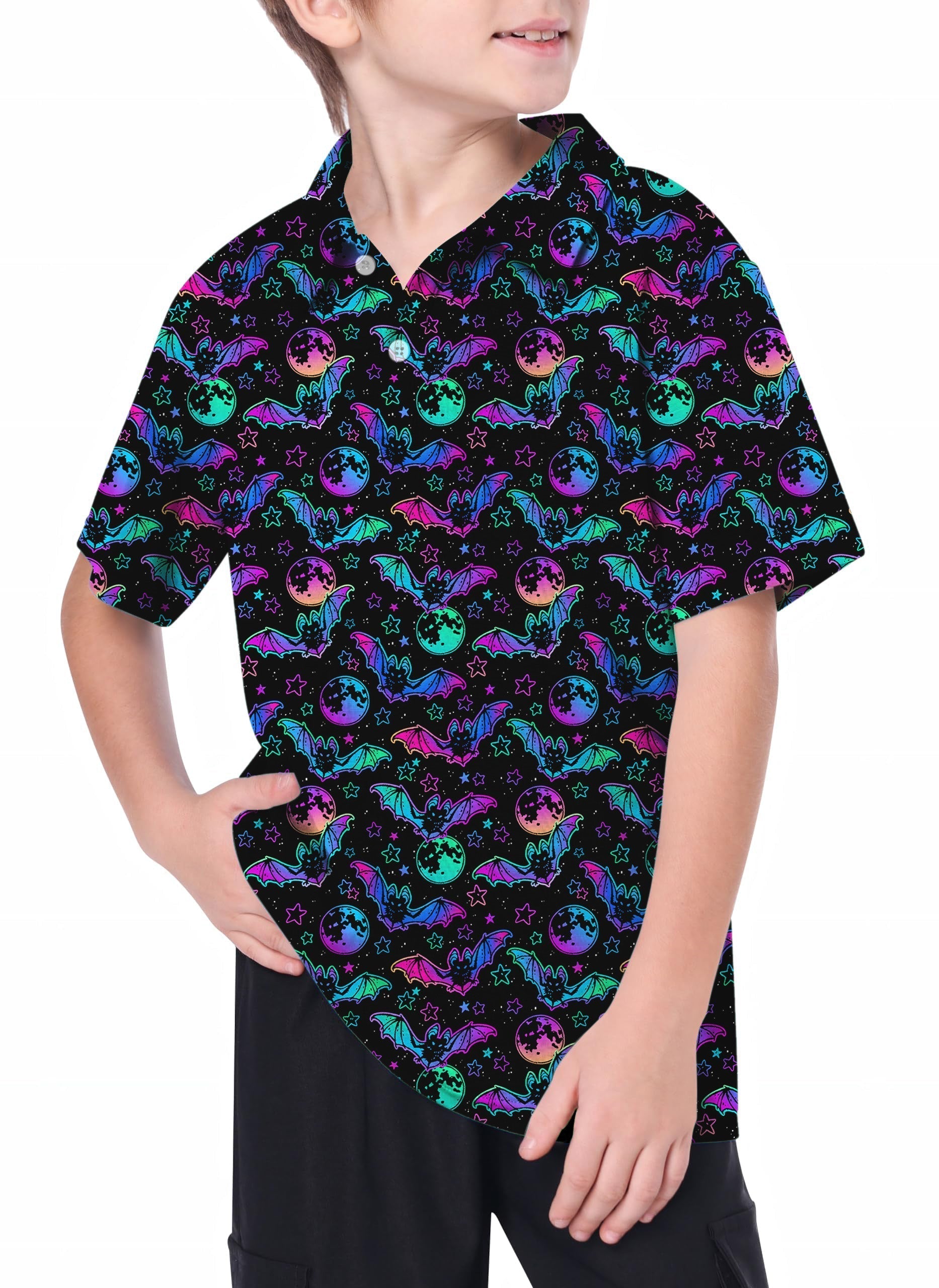 Youth Halloween Bat Moon Golf Polo with colorful bats and moons, moisture-wicking, wrinkle-resistant, and UPF 40+ protection.