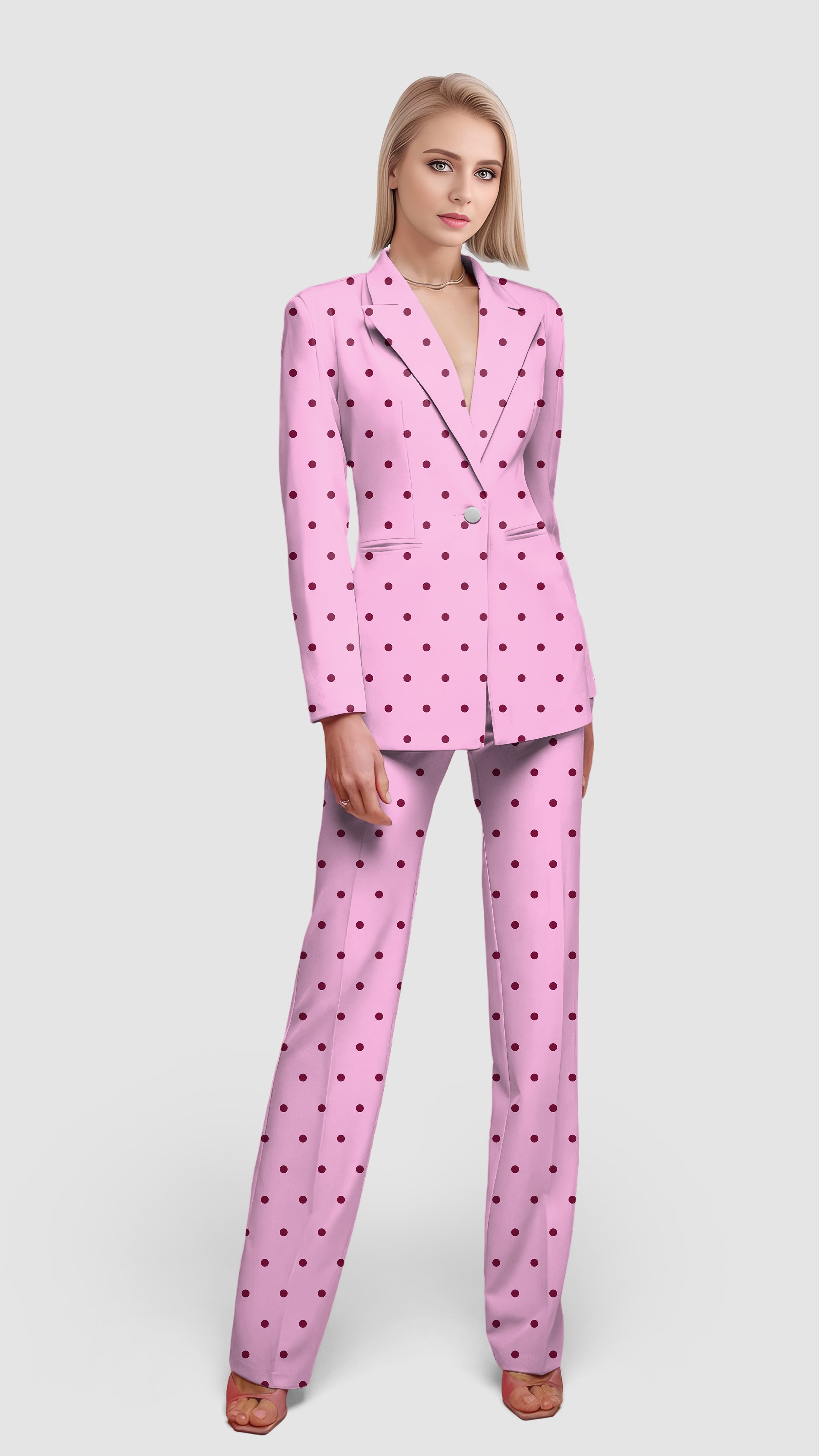 Pink Polka Dots Women's Blazer Casual Work Office Blazer Suit set