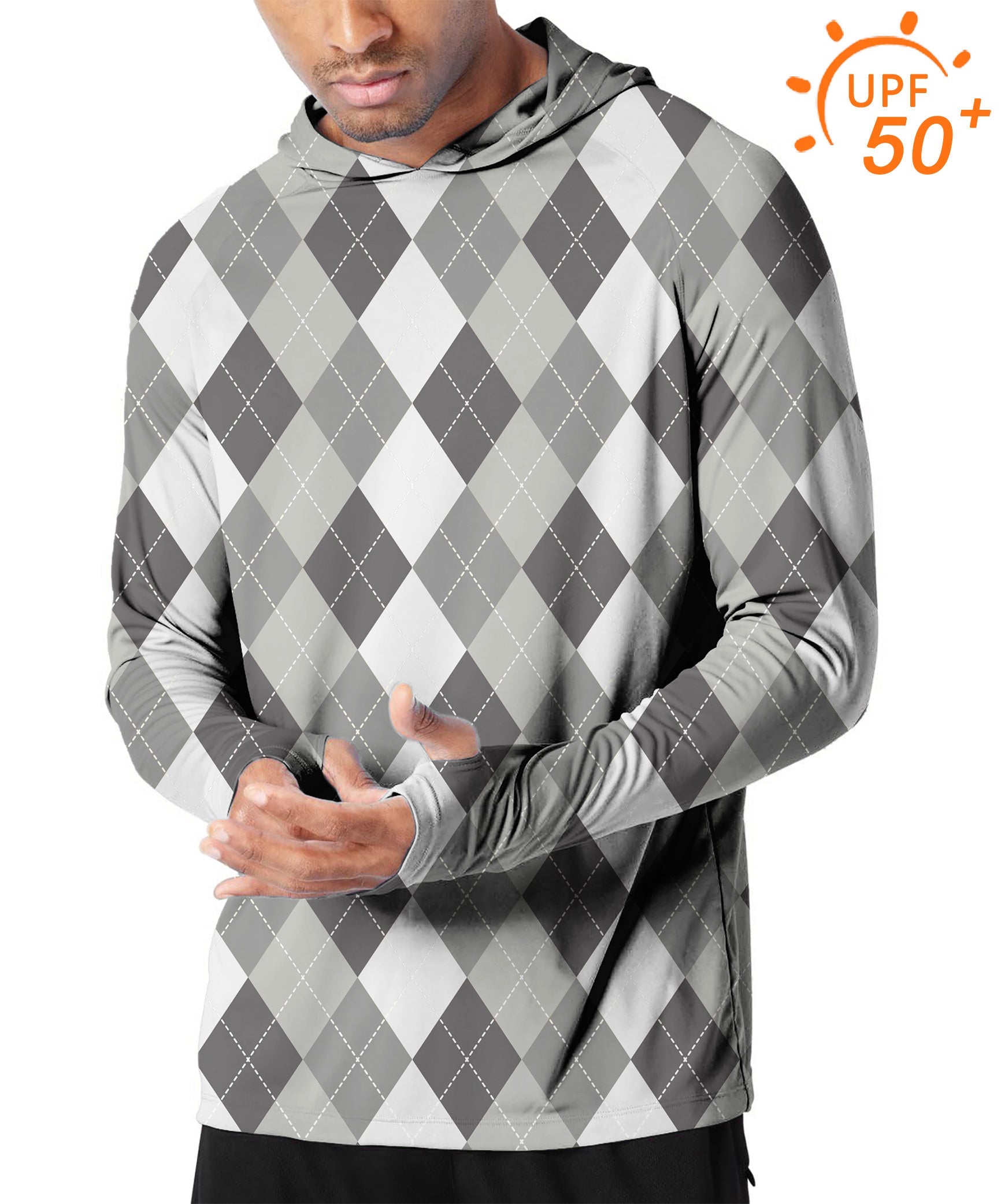 Men's outdoor grey argyle slim fit hoodie with UPF 50+ sun protection and breathable fabric