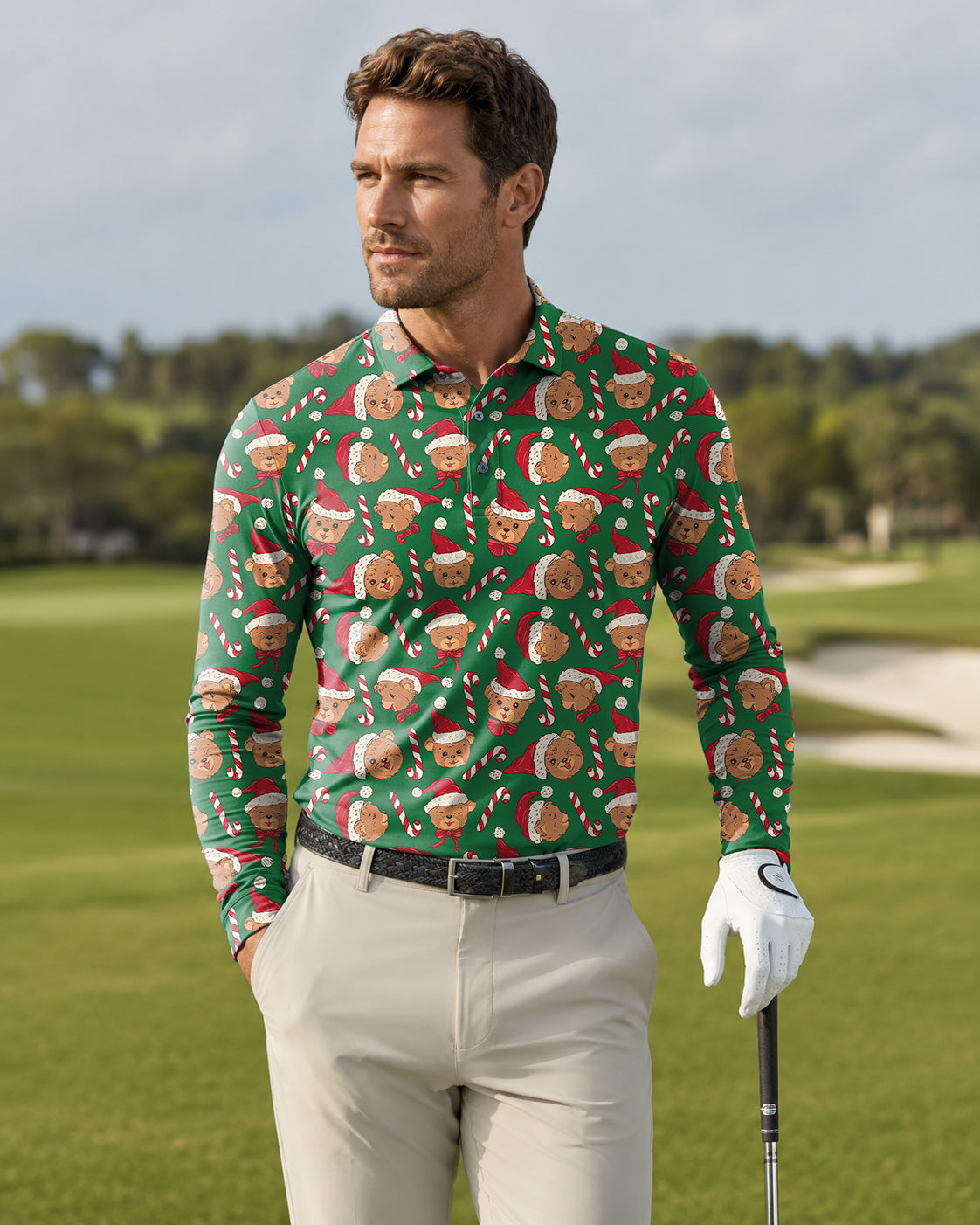 Men's Green Christmas Teddy Bear Long-sleeved Polo