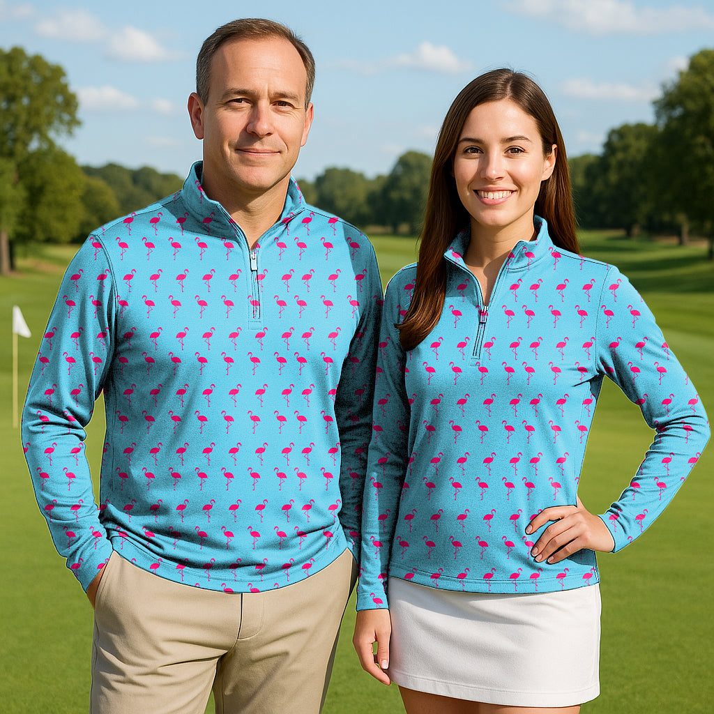 flamingo couple golf active 3/4 zip tops with long sleeves in blue with pink flamingo print