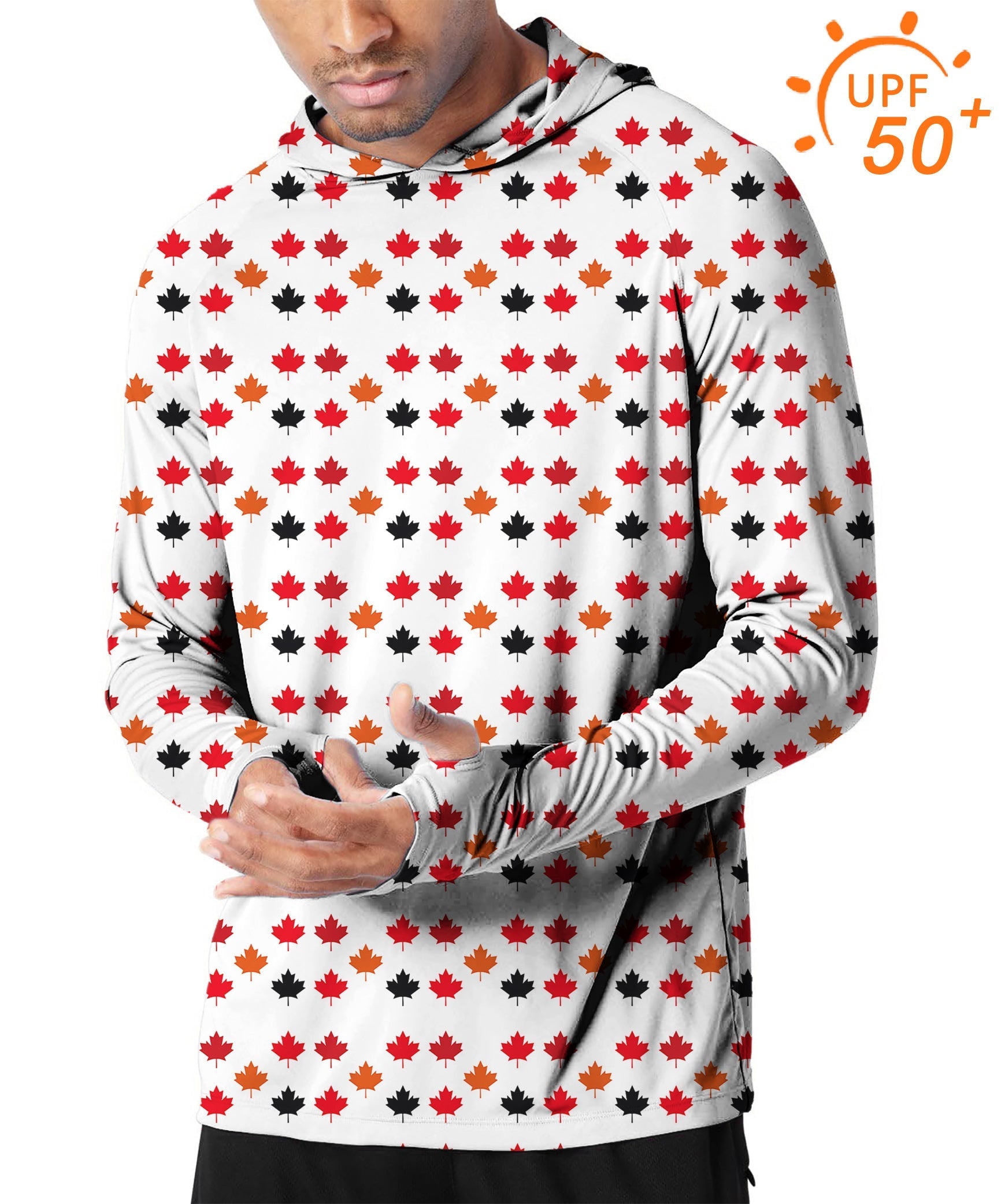 Men's Outdoor Canada slim fit hooded sun protection shirt with four-color maple leaf pattern and UPF 50+ fabric for UV protection