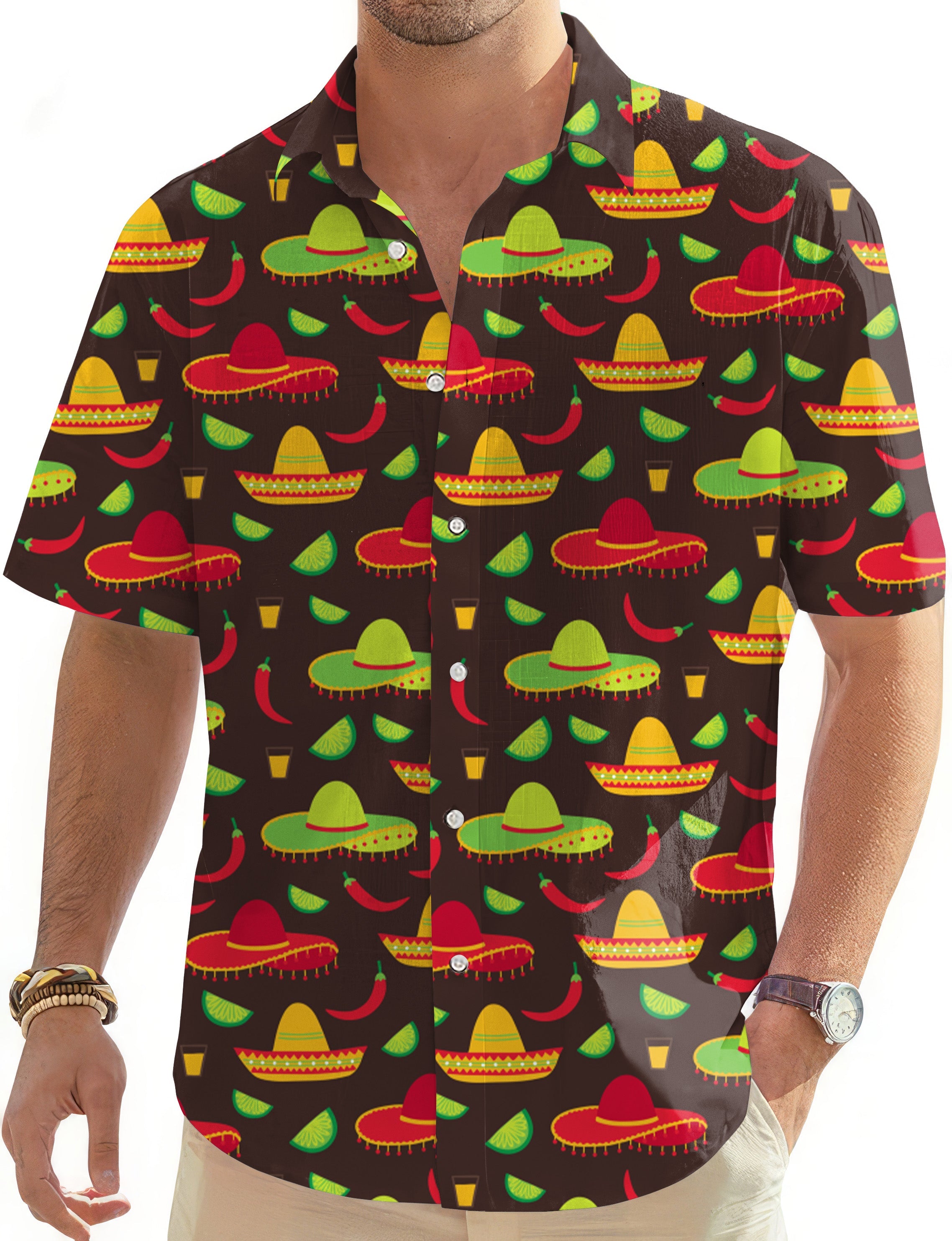 Men's Taco Tuesday Hawaiian shirt with colorful sombrero and chili pepper print, short sleeve button-down design