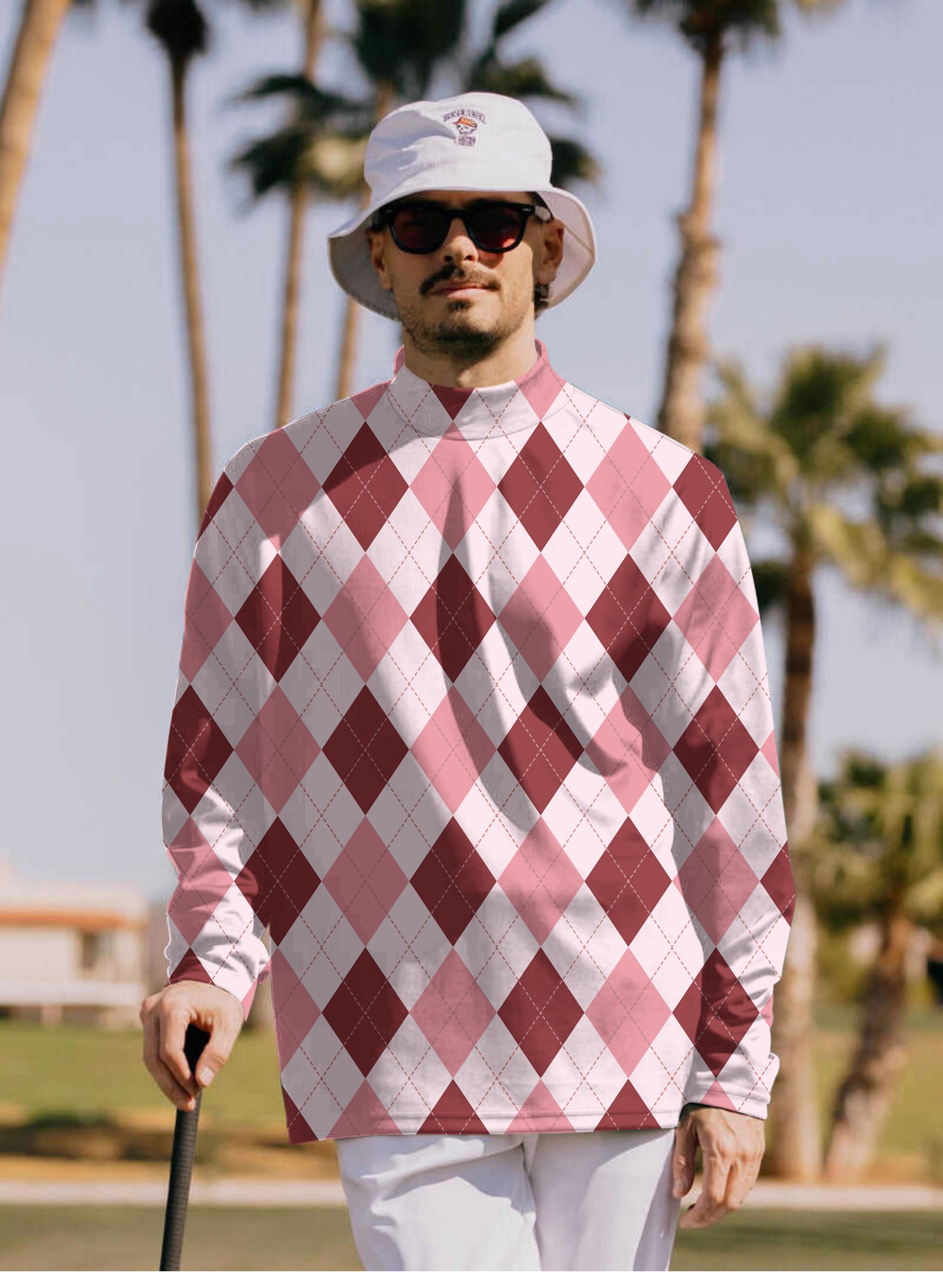 Men's pink Argyle Pullover High neck Long/Short sleeve T-Shirt
