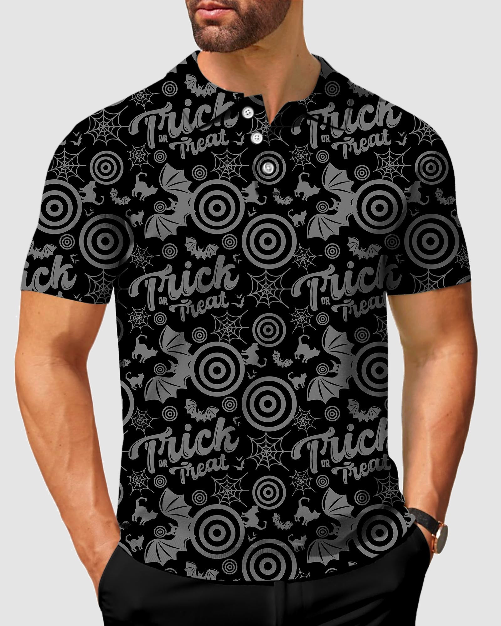 Men's Halloween Circle Bat polo shirt with trick or treat pattern and stretchy, moisture-wicking fabric