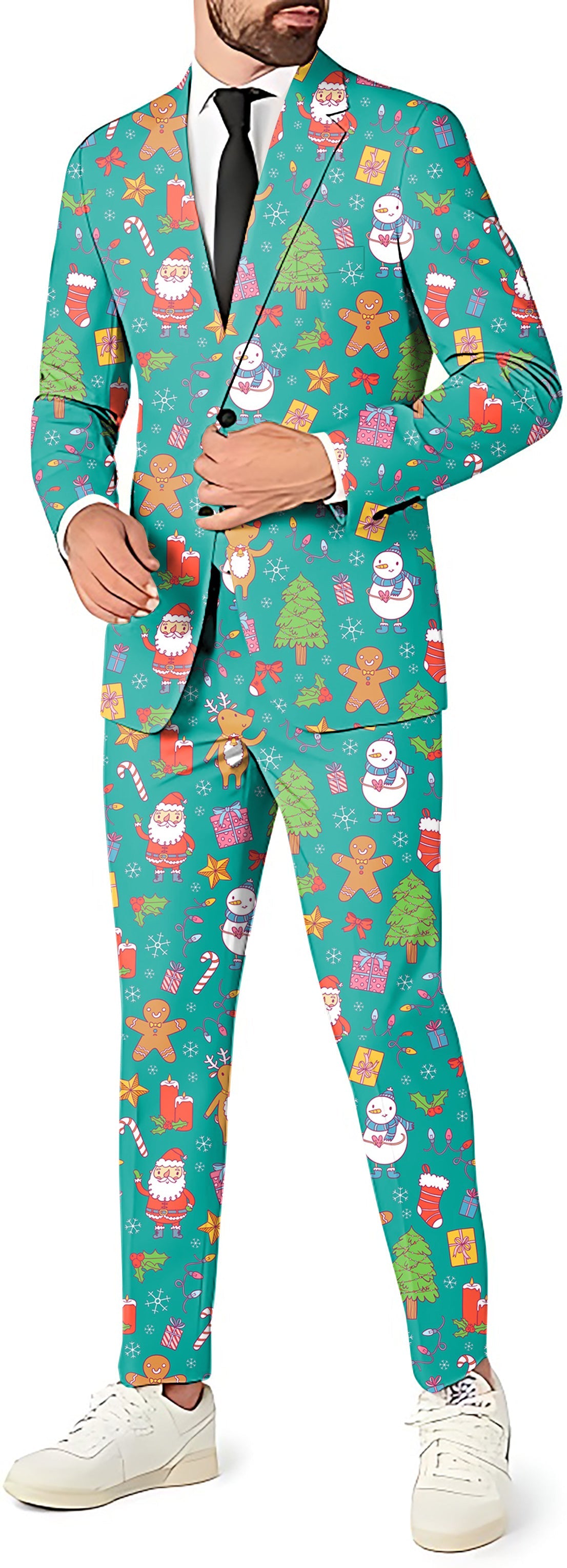 Merry Christmas men's party suit with festive blazer, pants, and vest featuring holiday patterns