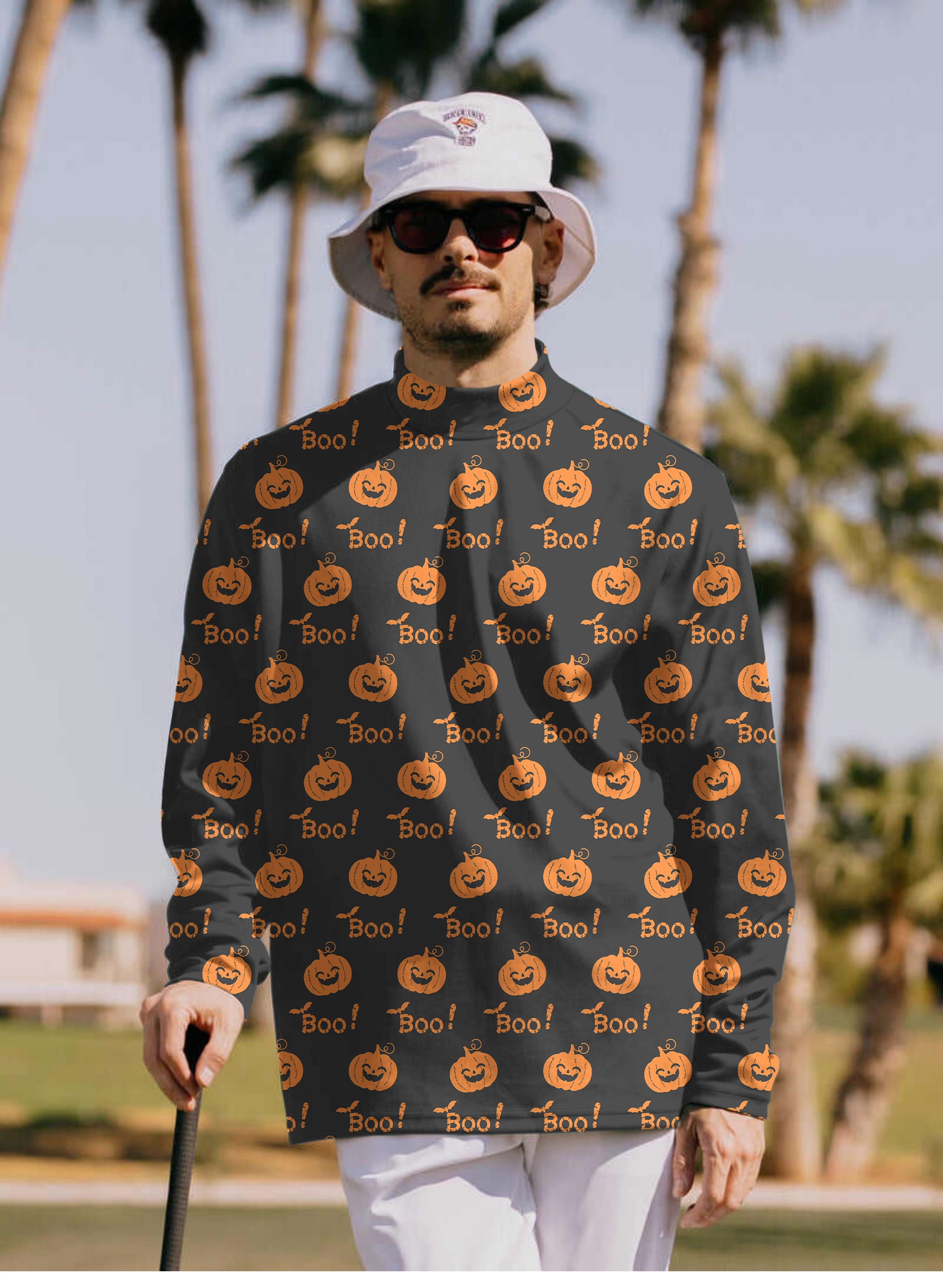 Men's Halloween Boo Pumpkin pullover with high neck and long sleeves in black with orange pumpkins and "Boo!" text pattern.
